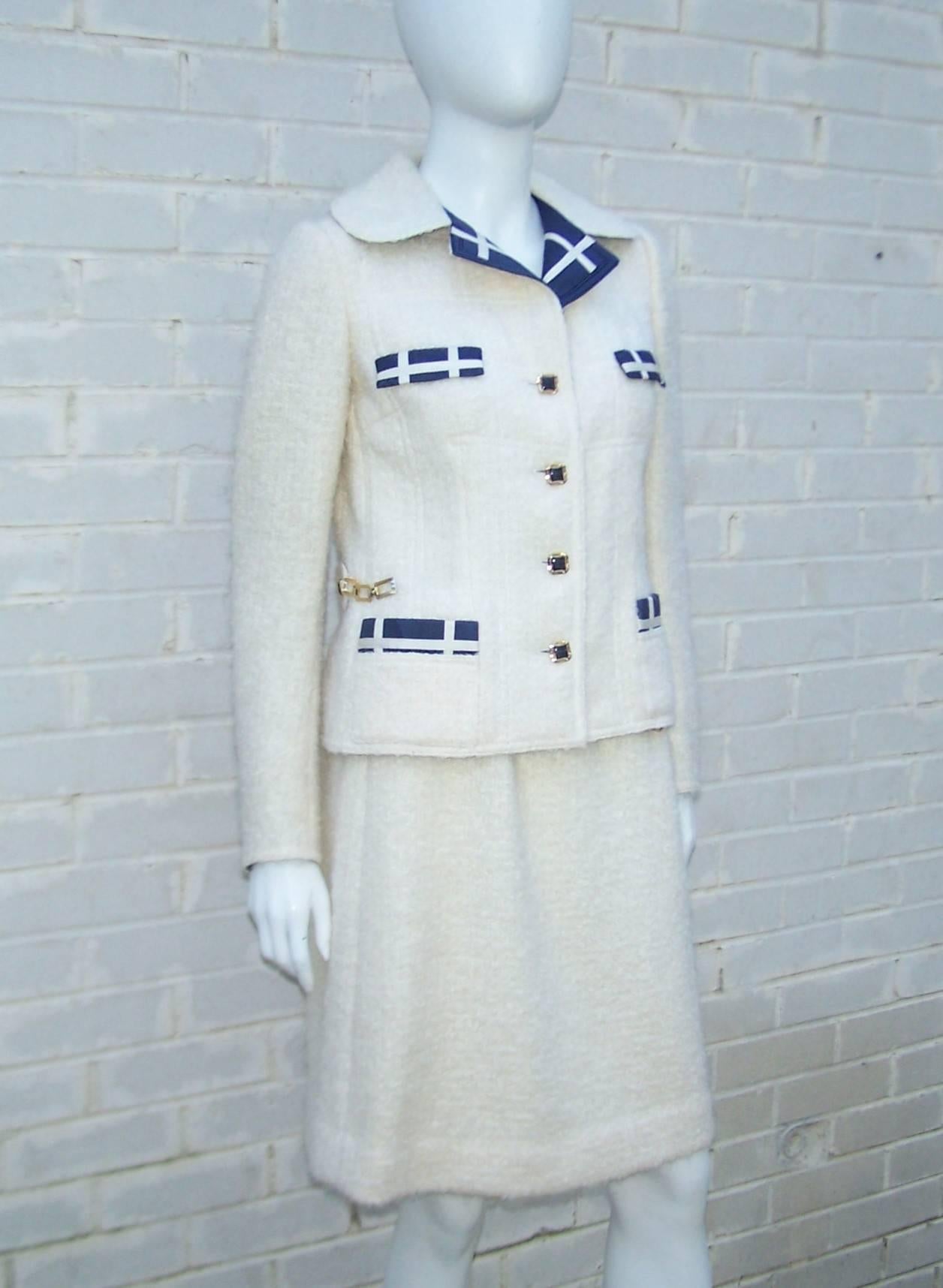 Gray Nautically Inspired 1970's Neiman Marcus Blue & White French Wool Boucle Suit