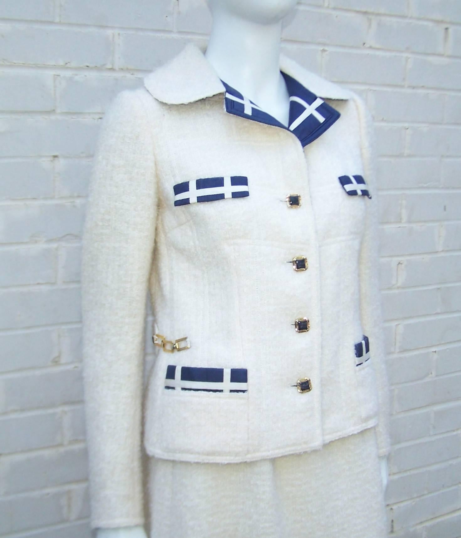 Nautically Inspired 1970's Neiman Marcus Blue & White French Wool Boucle Suit In Excellent Condition In Atlanta, GA
