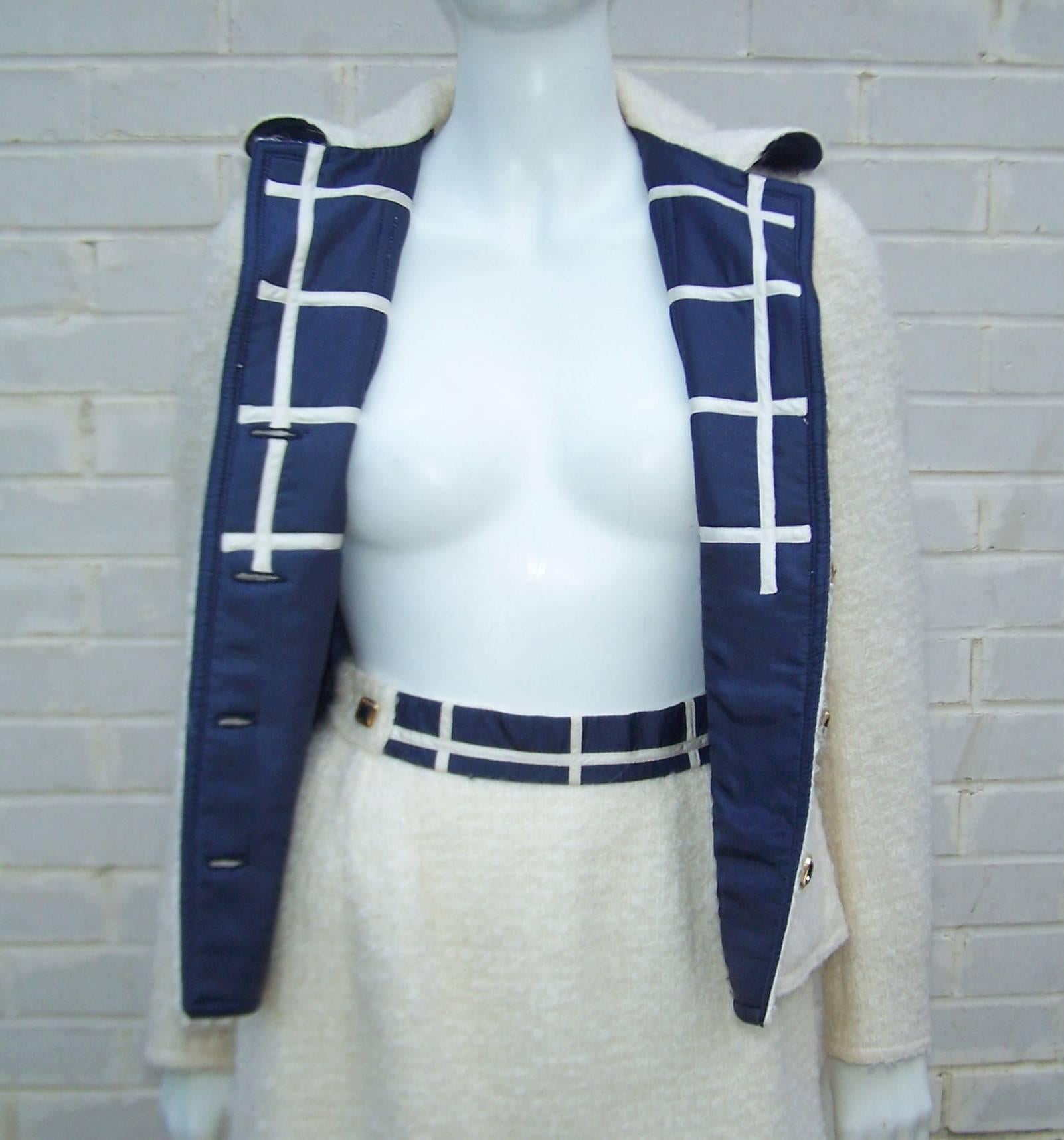 Nautically Inspired 1970's Neiman Marcus Blue & White French Wool Boucle Suit 1