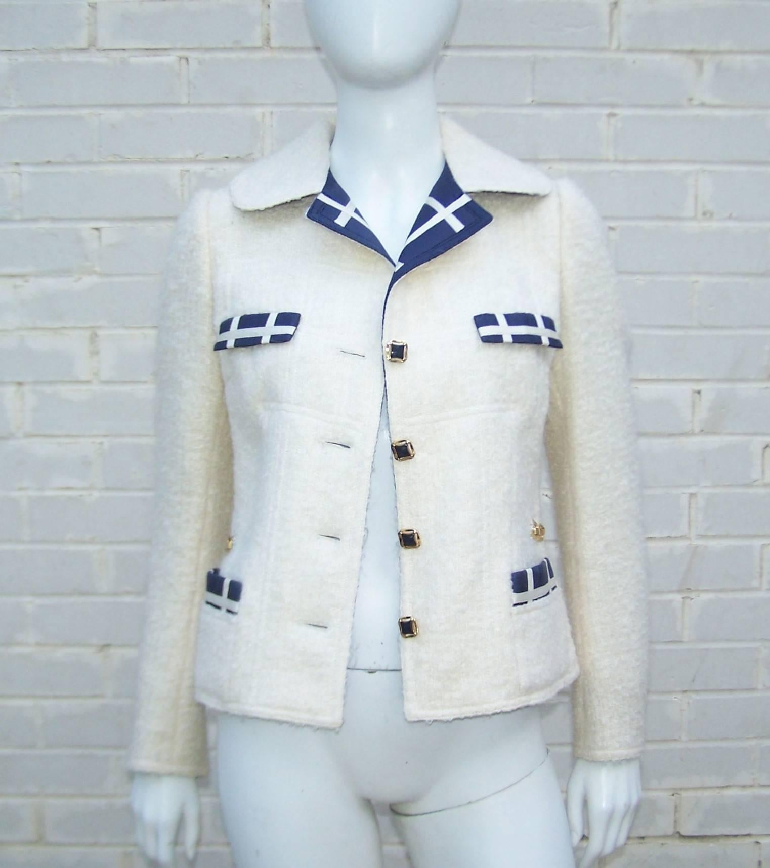 Nautically Inspired 1970's Neiman Marcus Blue & White French Wool Boucle Suit 2