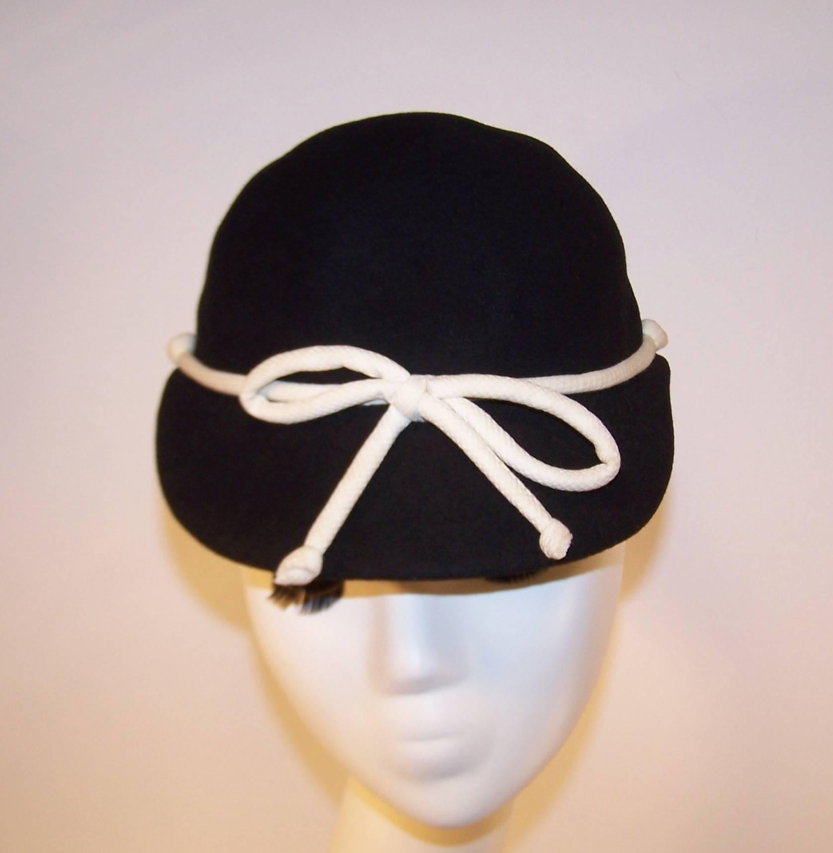C.1960 Henry Pollak Black Wool & White Pique Cap Style Hat In Excellent Condition In Atlanta, GA