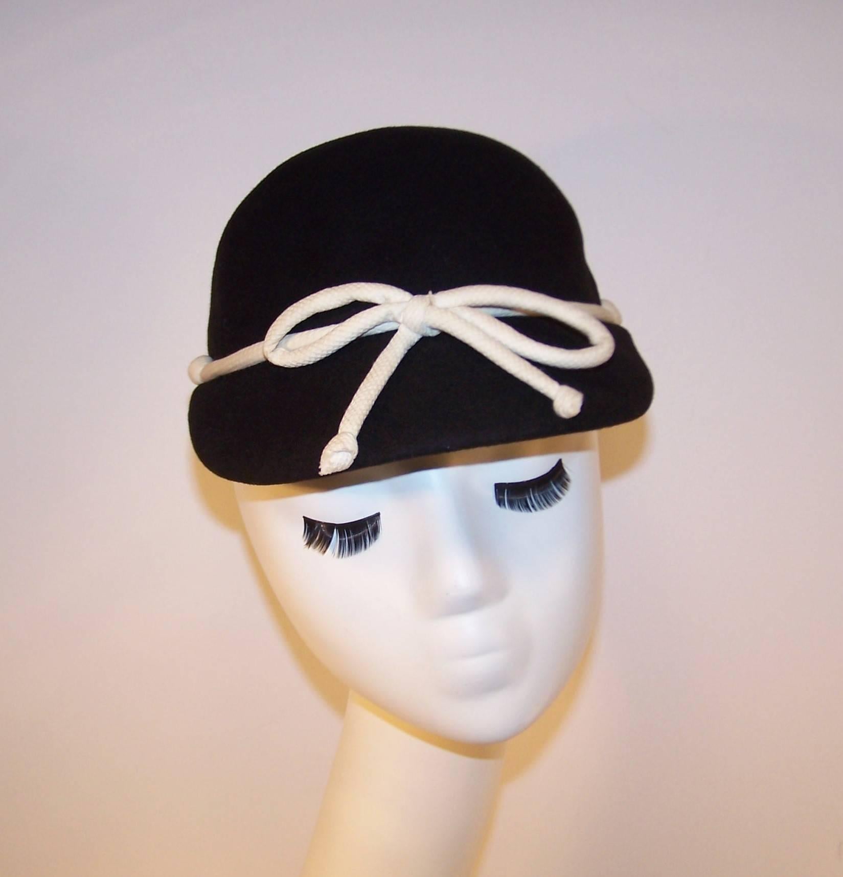 C.1960 Henry Pollak Black Wool & White Pique Cap Style Hat 1
