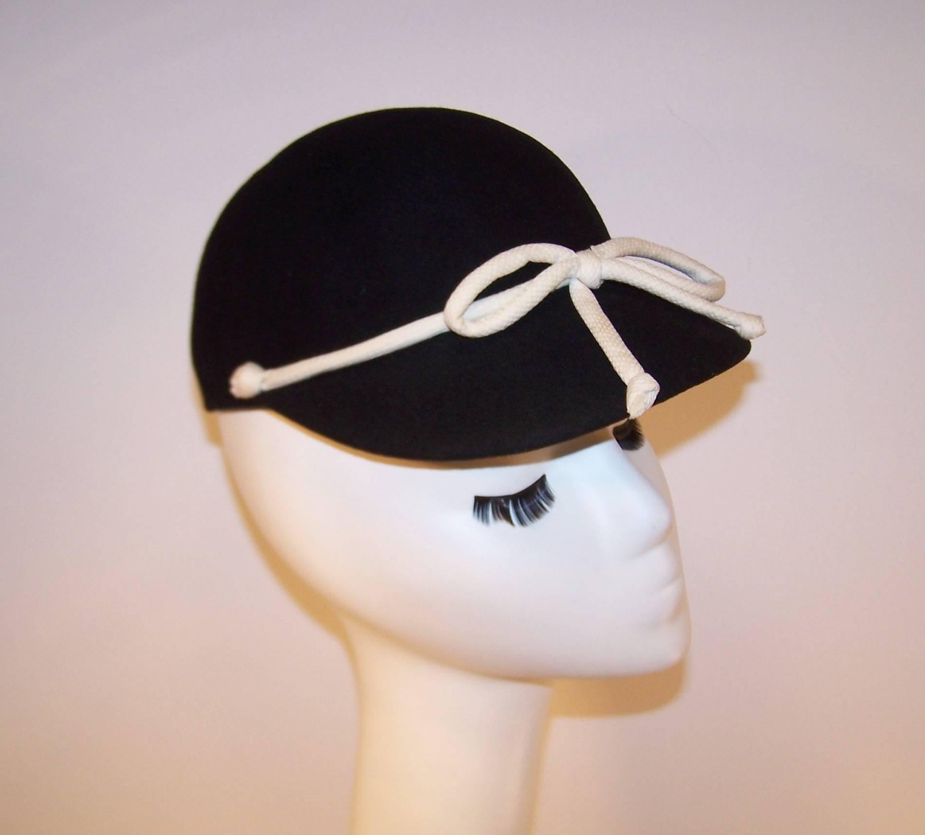 C.1960 Henry Pollak Black Wool & White Pique Cap Style Hat 2