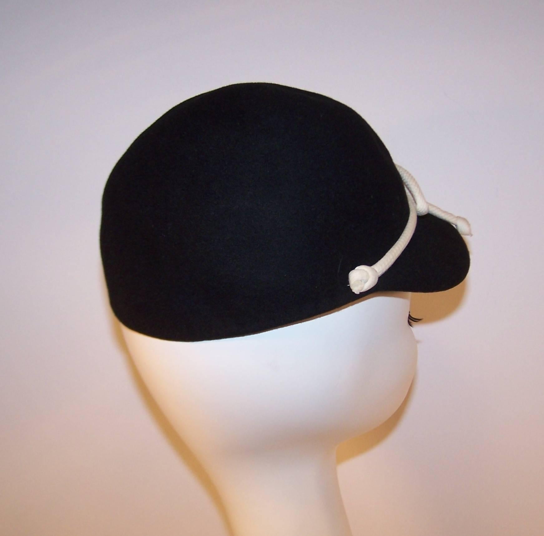 C.1960 Henry Pollak Black Wool & White Pique Cap Style Hat 3