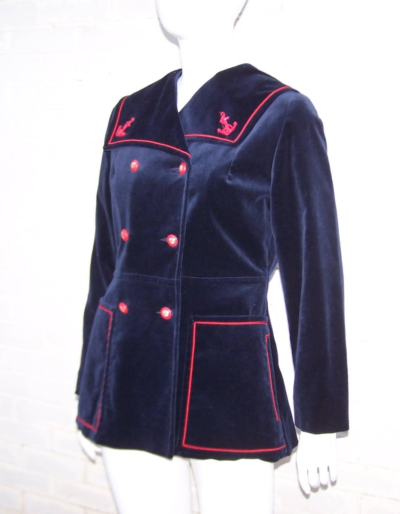 Black 1960's Blue Velveteen Sailor Jacket With Red Trim