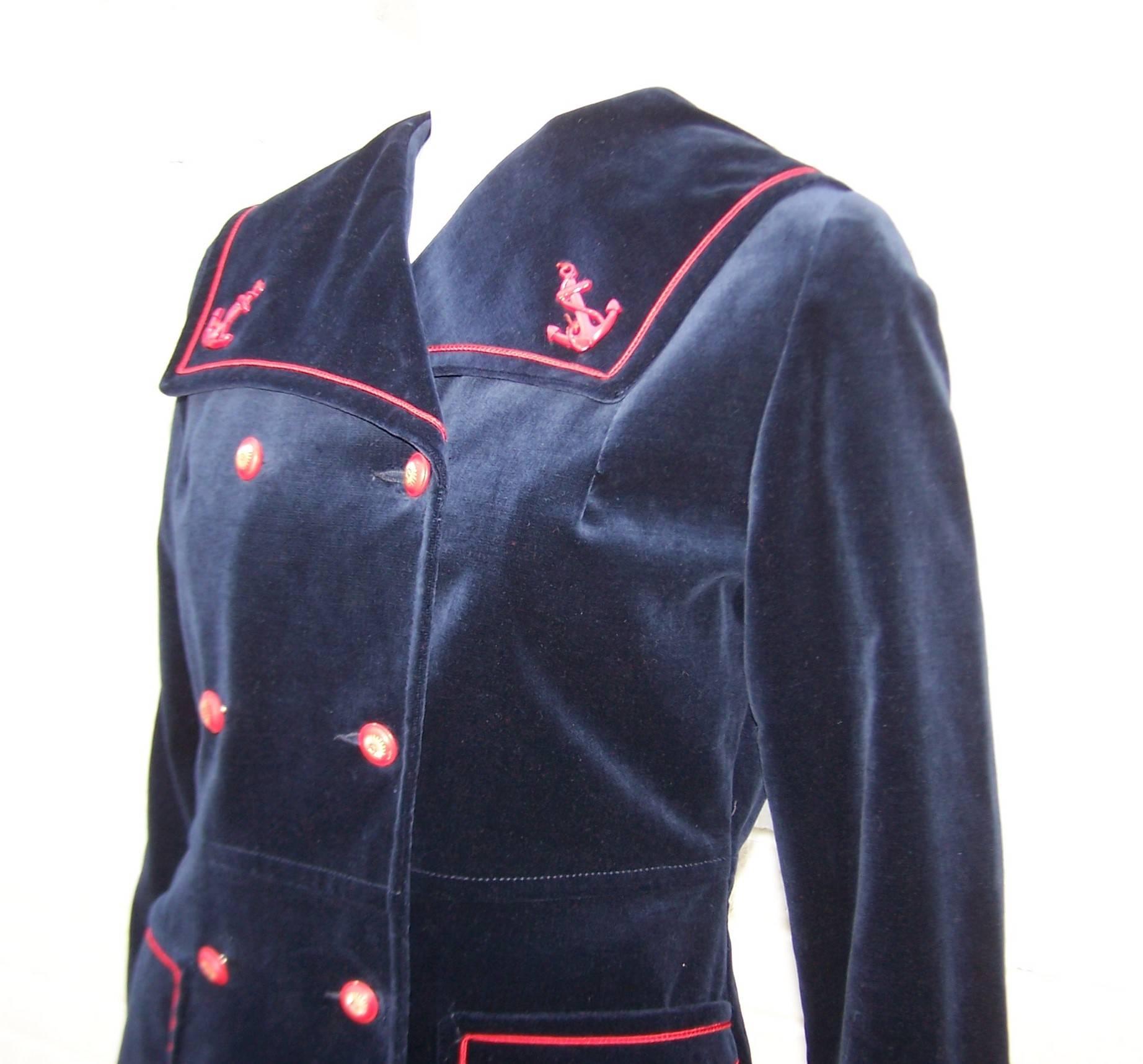 1960's Blue Velveteen Sailor Jacket With Red Trim In Excellent Condition In Atlanta, GA