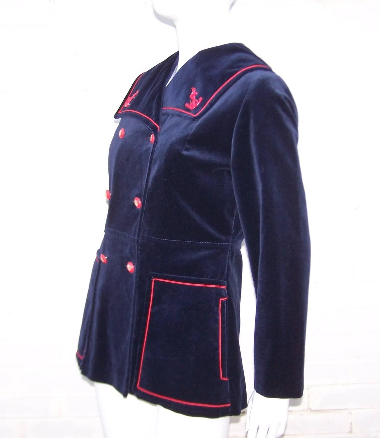 Women's 1960's Blue Velveteen Sailor Jacket With Red Trim