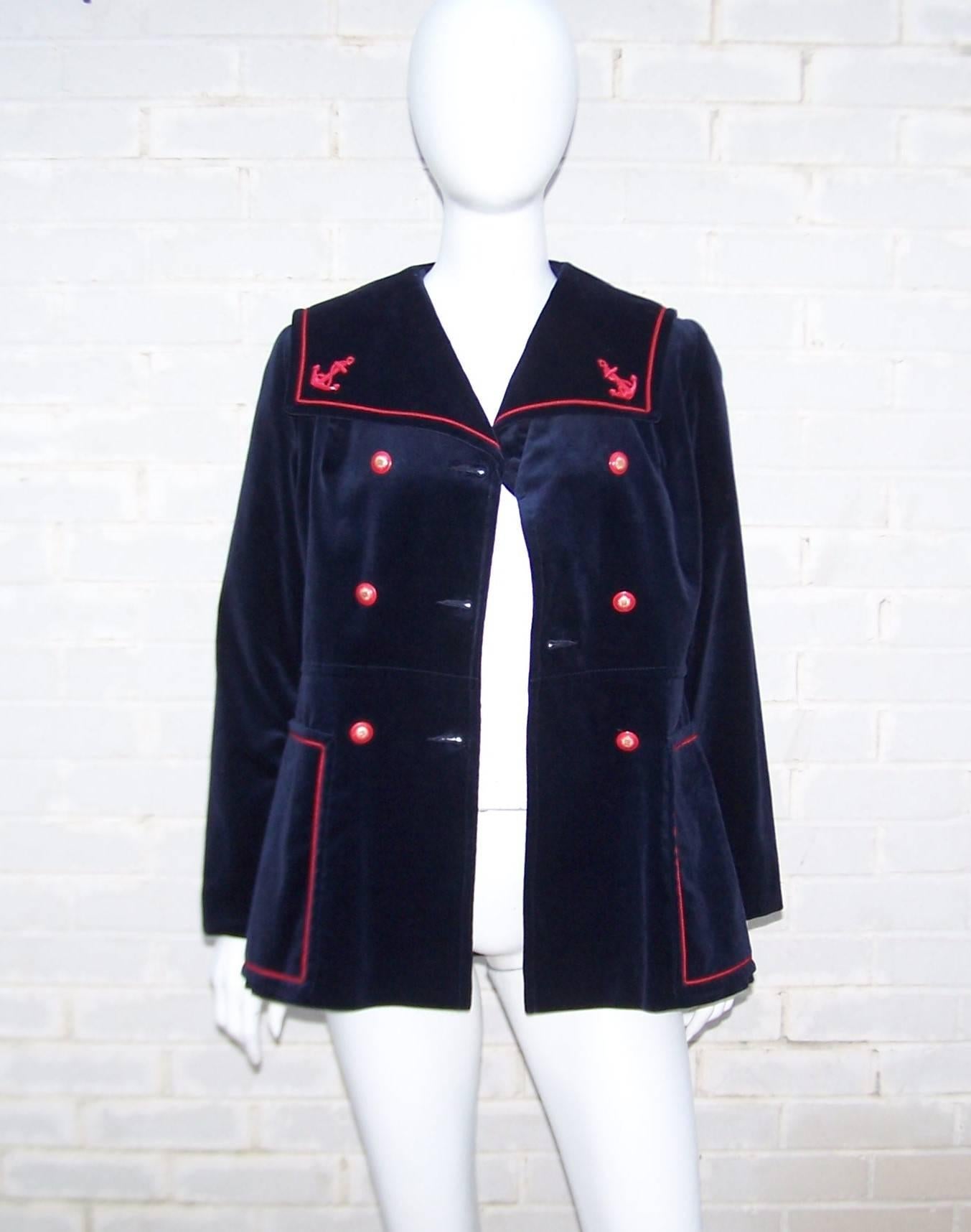 1960's Blue Velveteen Sailor Jacket With Red Trim 2