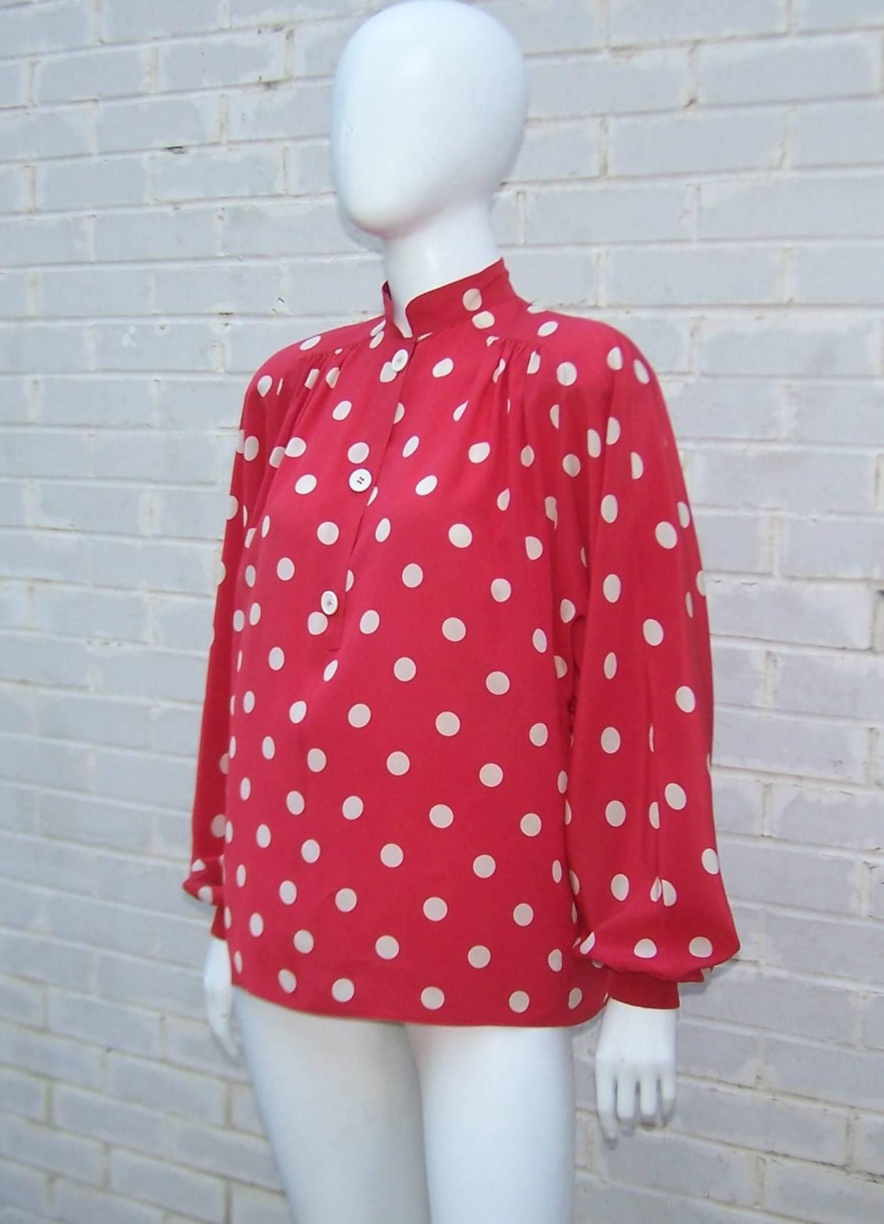 red and white polka dot blouse