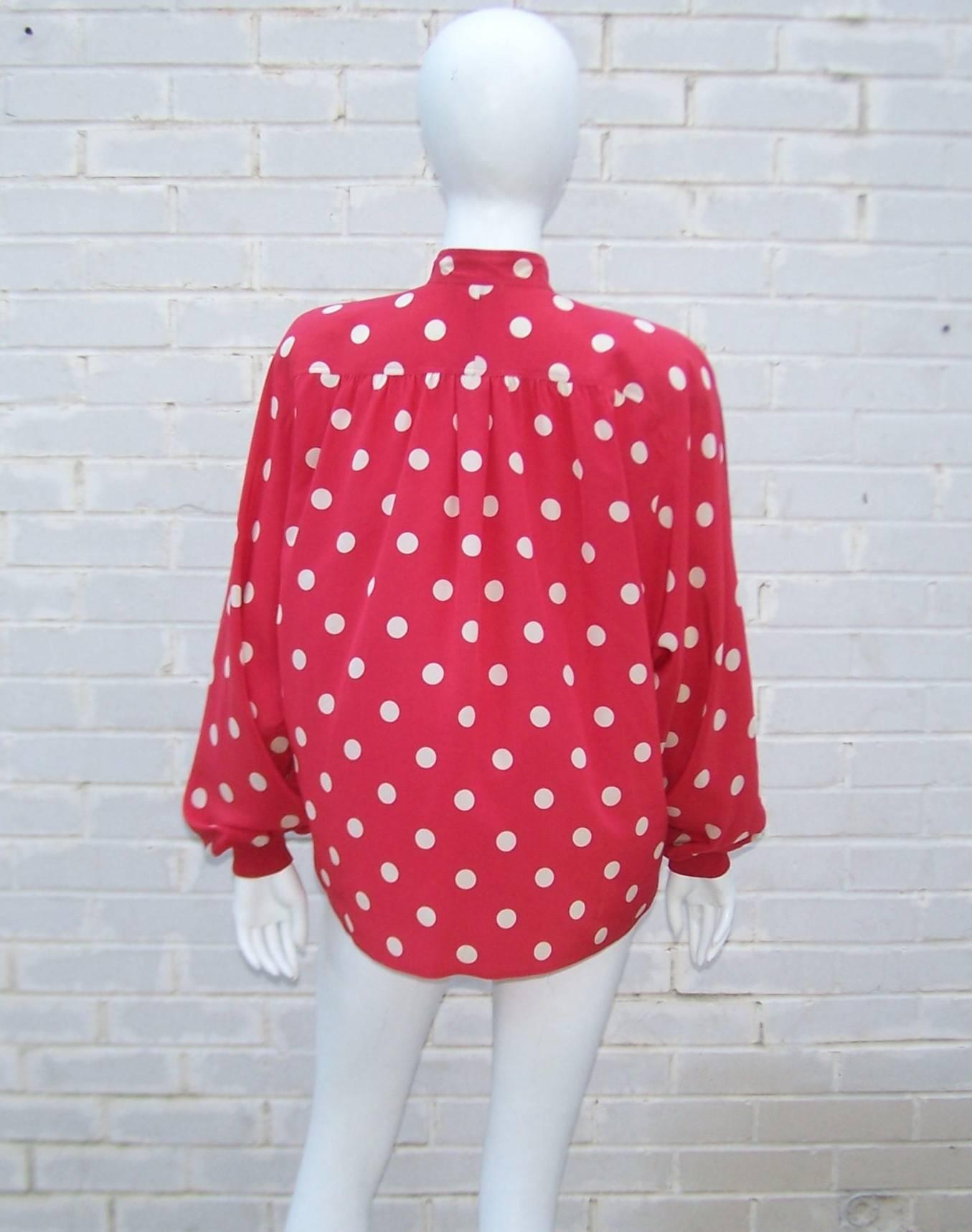 red blouse with white polka dots
