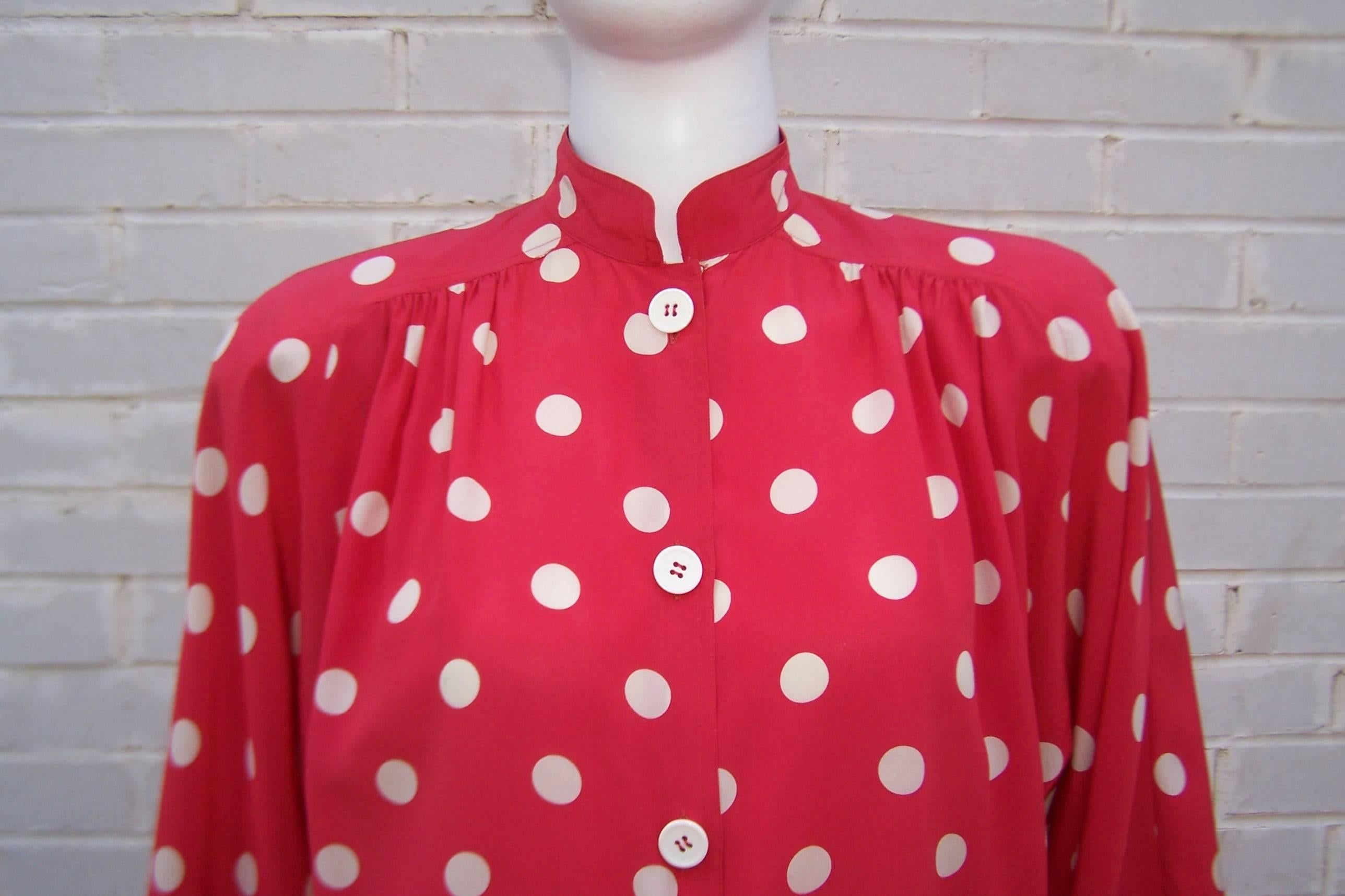 red and white polka dot shirt