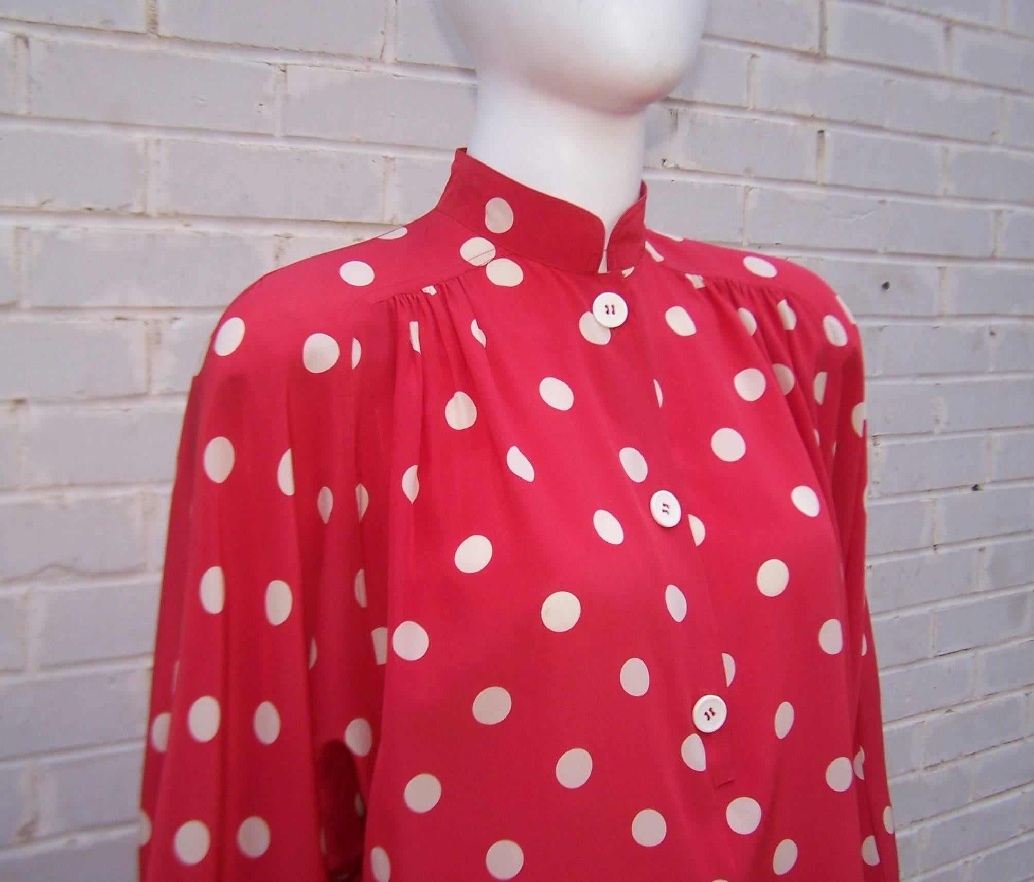 1980's Valentino Silk Red & White Polka Dot Blouse In Good Condition In Atlanta, GA