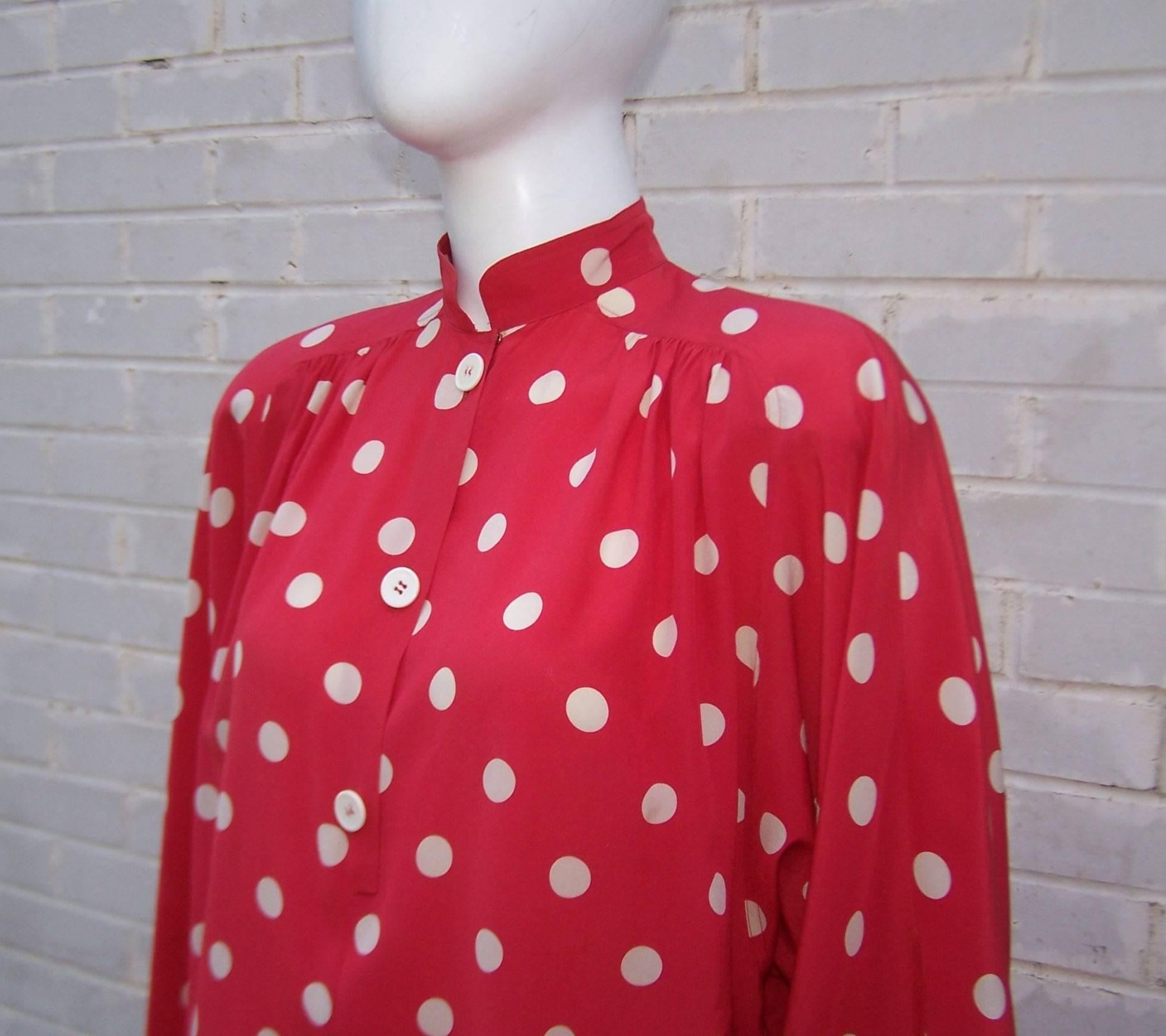 1980's Valentino Silk Red & White Polka Dot Blouse 1