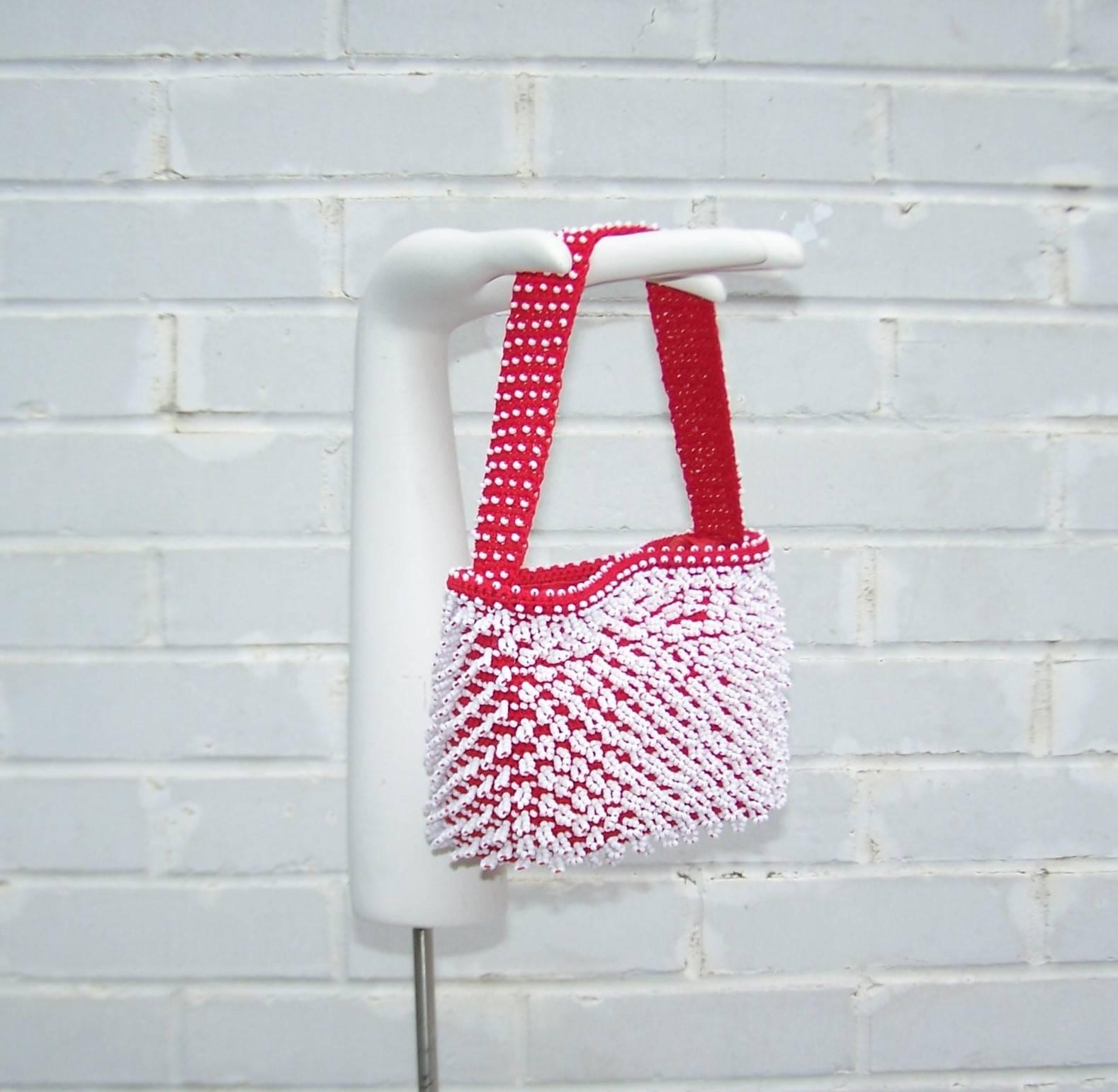 Gray Mod 1960's Walborg Red & White Beaded Handbag
