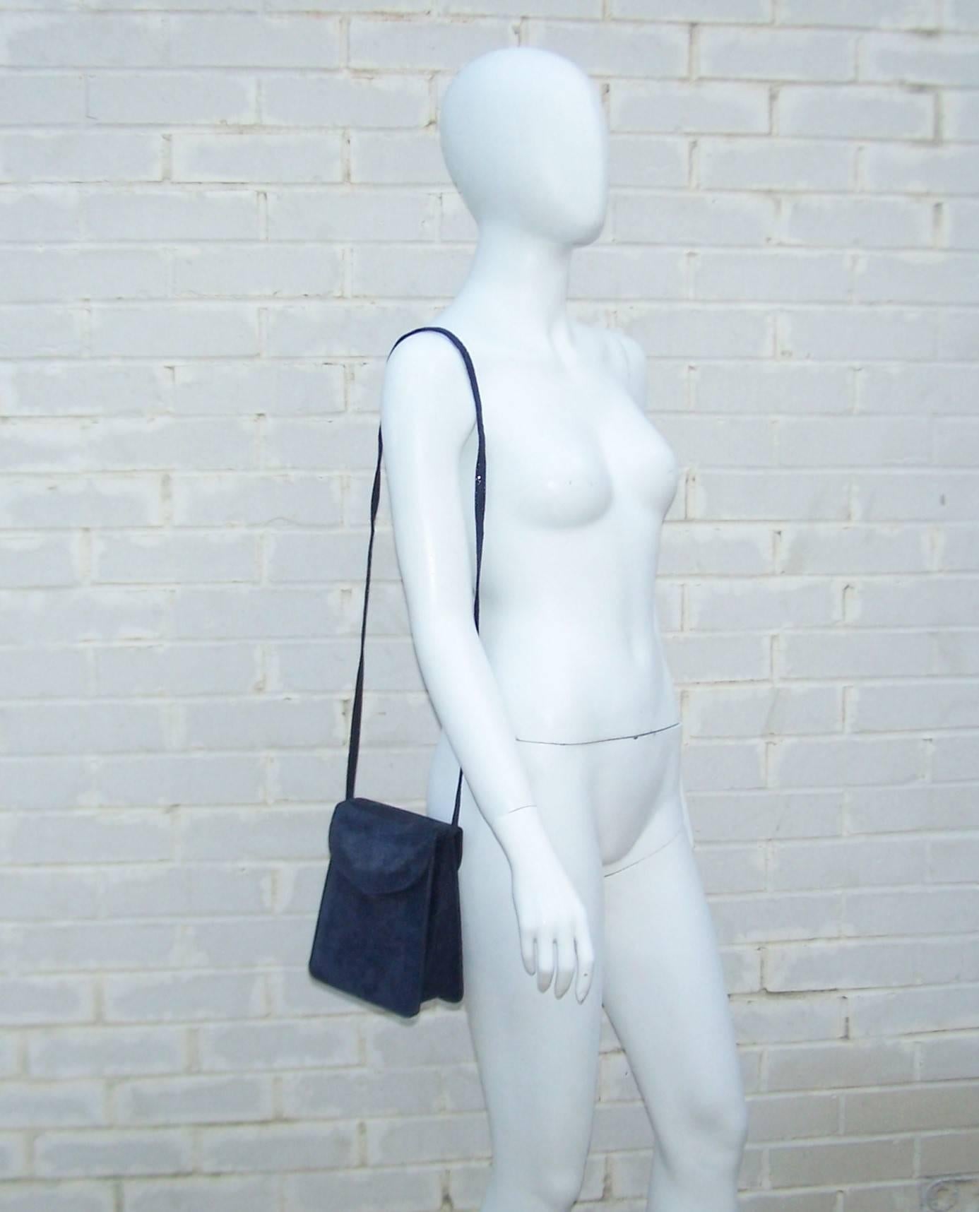 Black Textural C.1990 Michelle LaLonde Suede Leather Navy Blue Handbag
