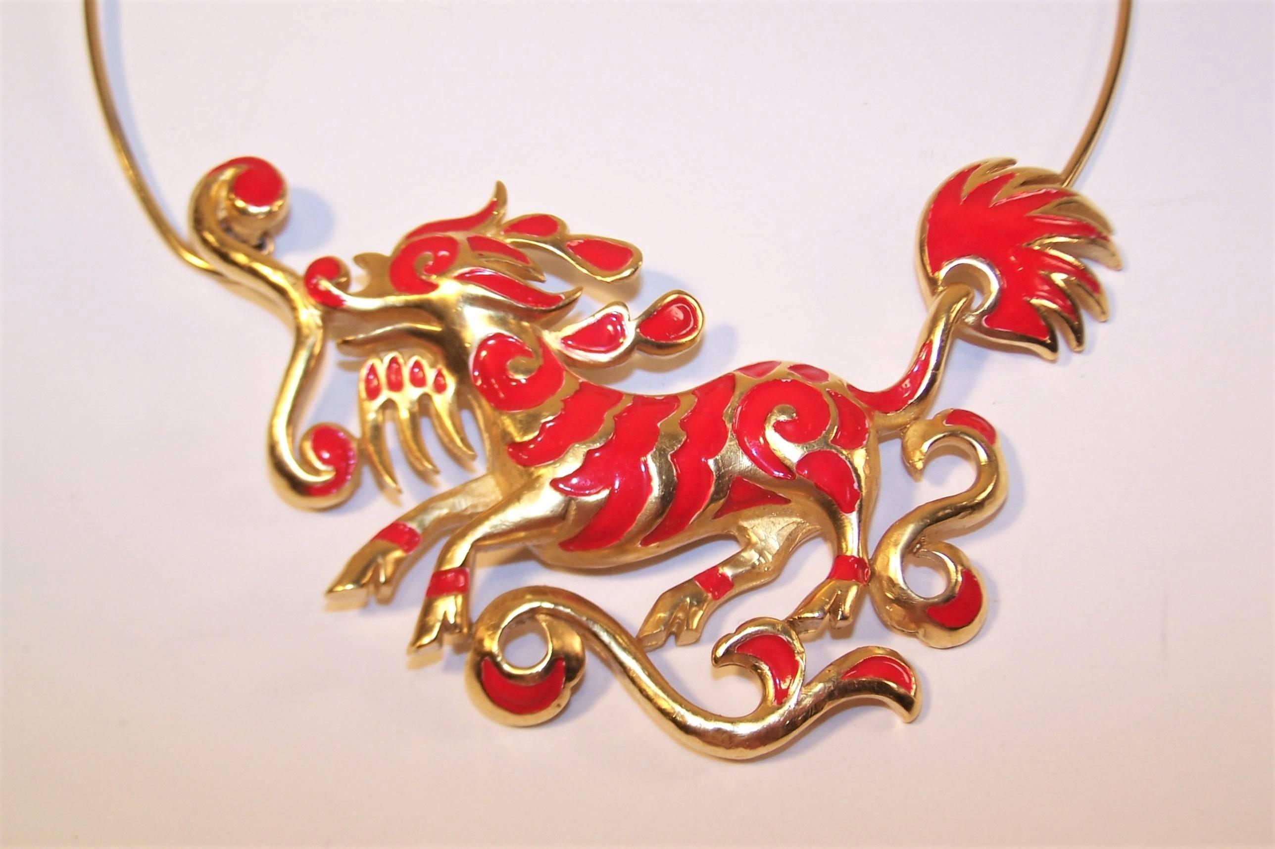 Modernist Exotic C.1970 Crown Trifari Dragon Foo Dog Collar Necklace