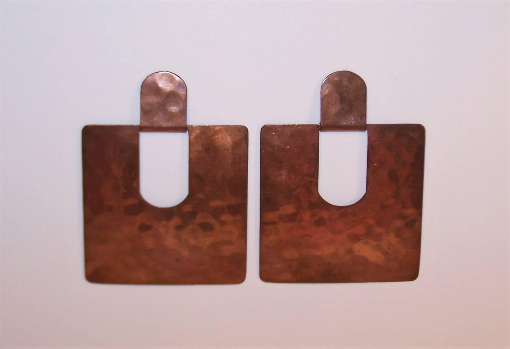 Modernist 1970's Large Handmade Copper Door Knocker Pierced Earrings In Excellent Condition In Atlanta, GA