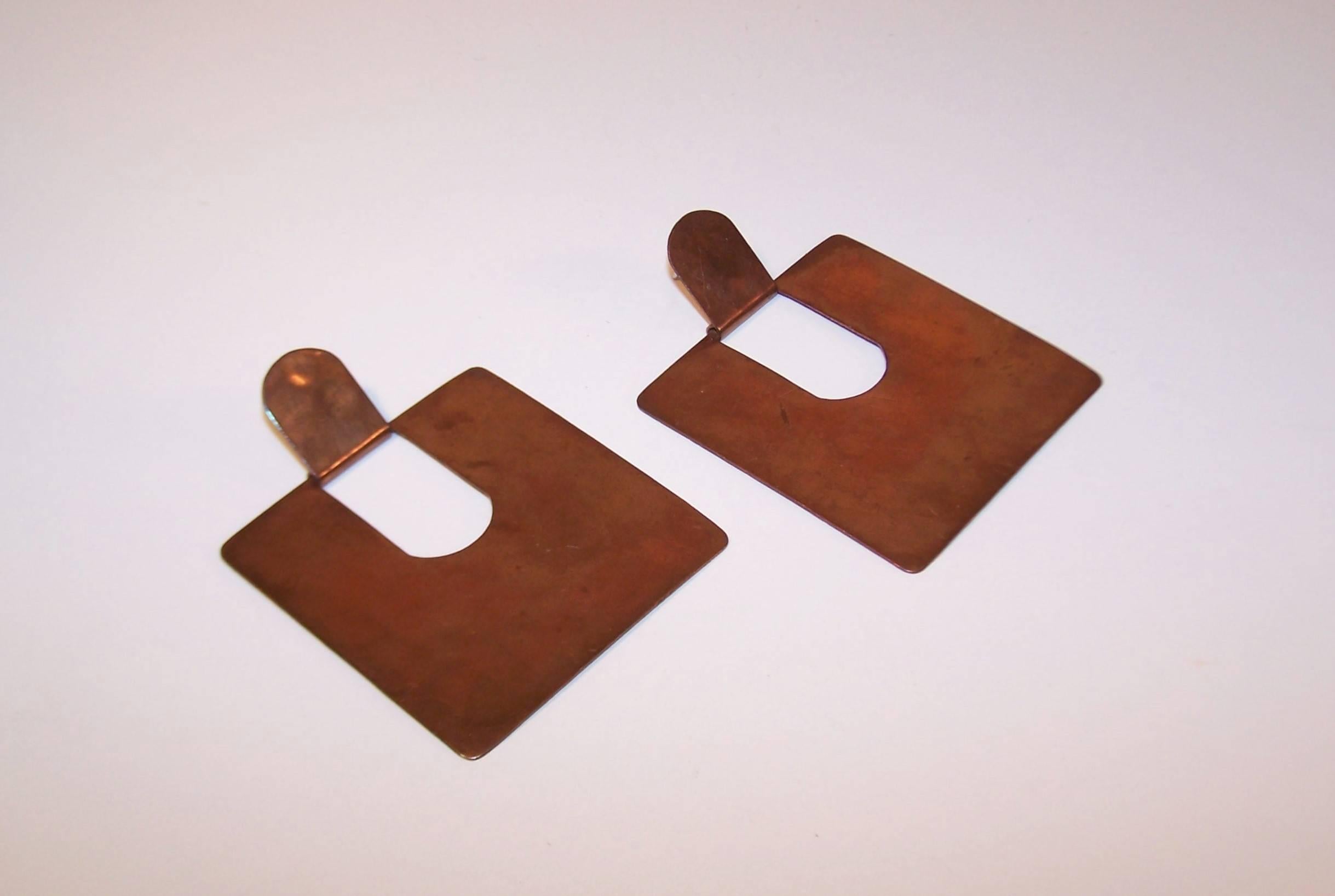 Modernist 1970's Large Handmade Copper Door Knocker Pierced Earrings 1