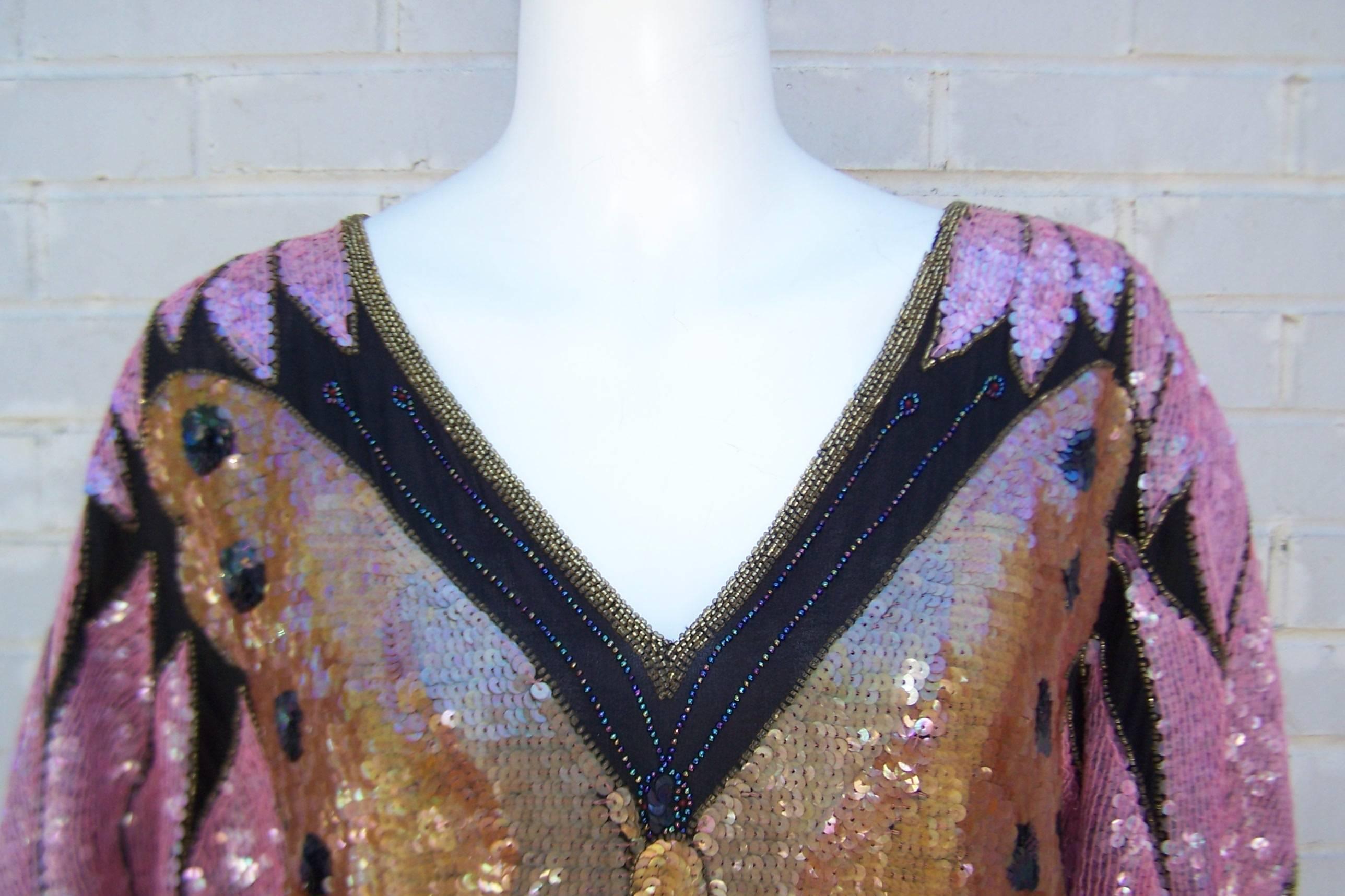 Gray Glam 1970's Saks Fifth Avenue Sequin Disco Butterfly Top