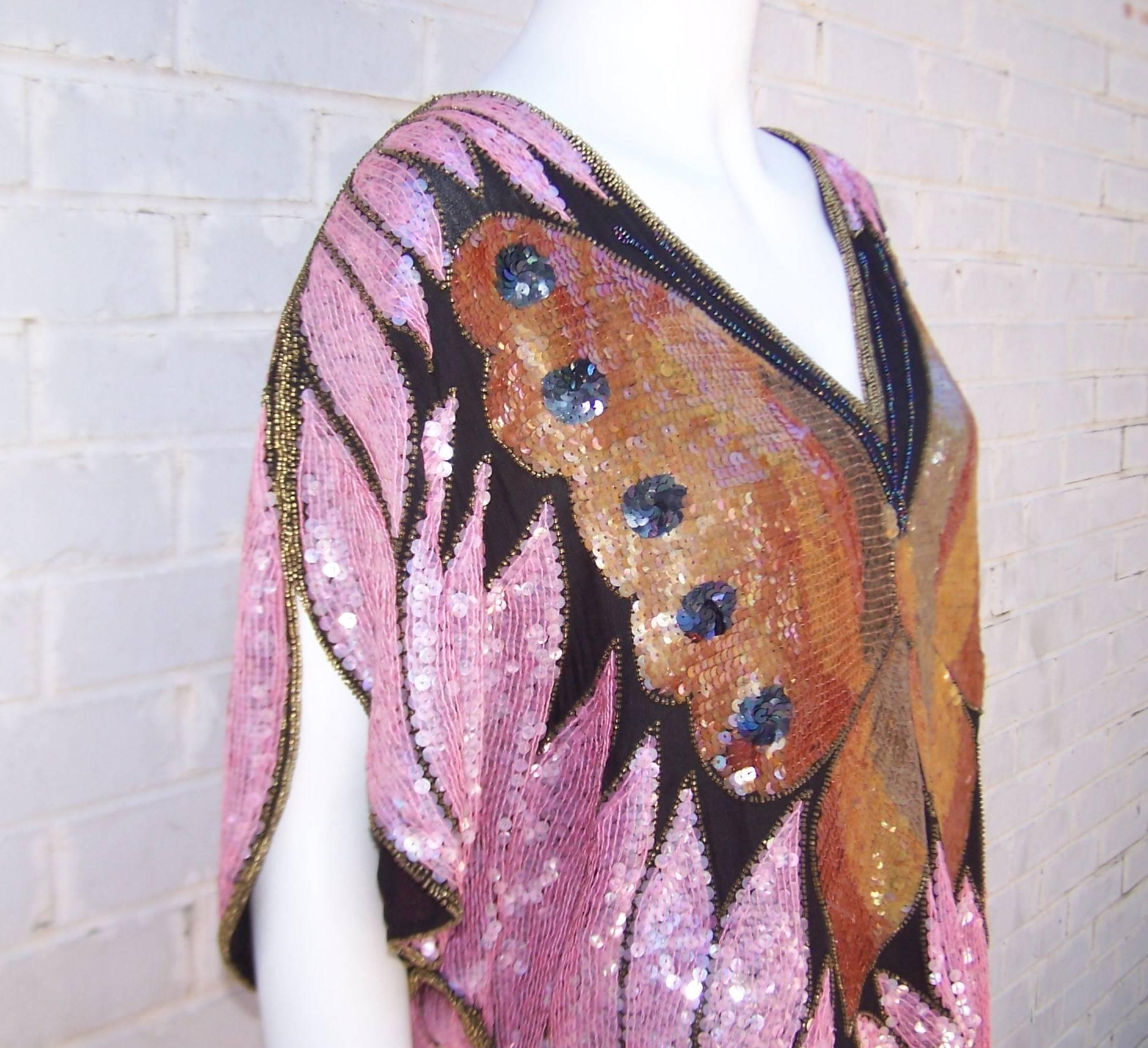 Glam 1970's Saks Fifth Avenue Sequin Disco Butterfly Top In Excellent Condition In Atlanta, GA