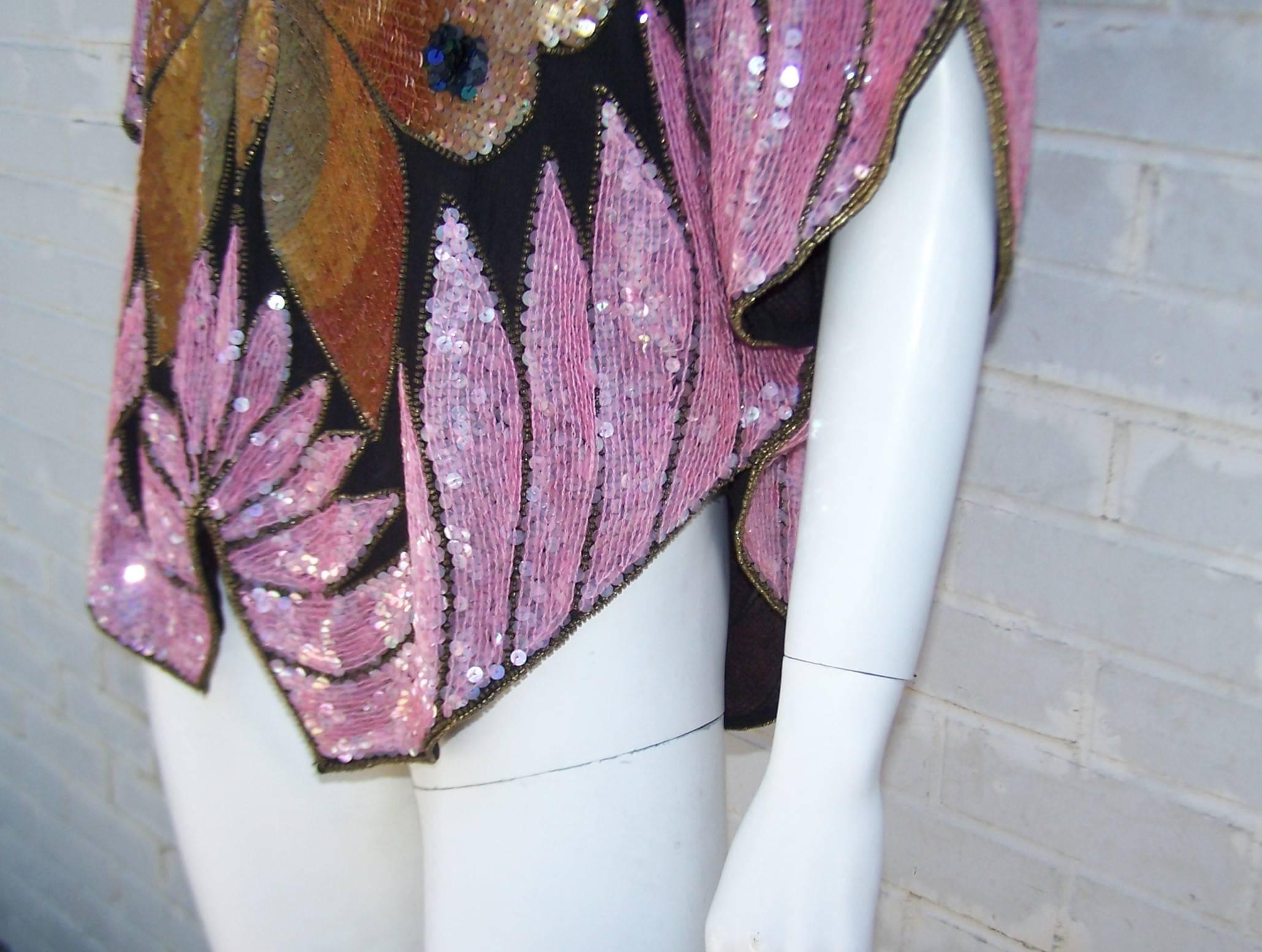 Women's Glam 1970's Saks Fifth Avenue Sequin Disco Butterfly Top