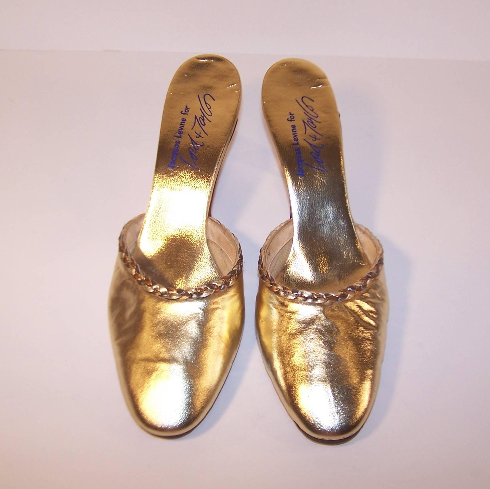 Brown 1970's Jacques Levine Gold Leather Evening Mules Sz 6.5