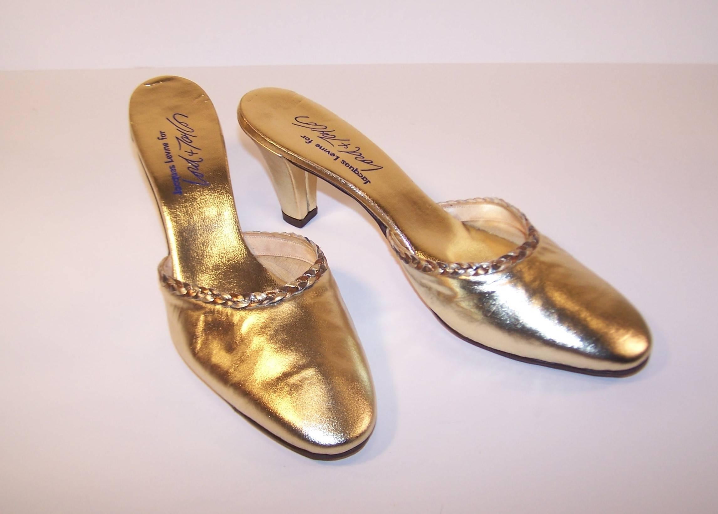 Women's 1970's Jacques Levine Gold Leather Evening Mules Sz 6.5