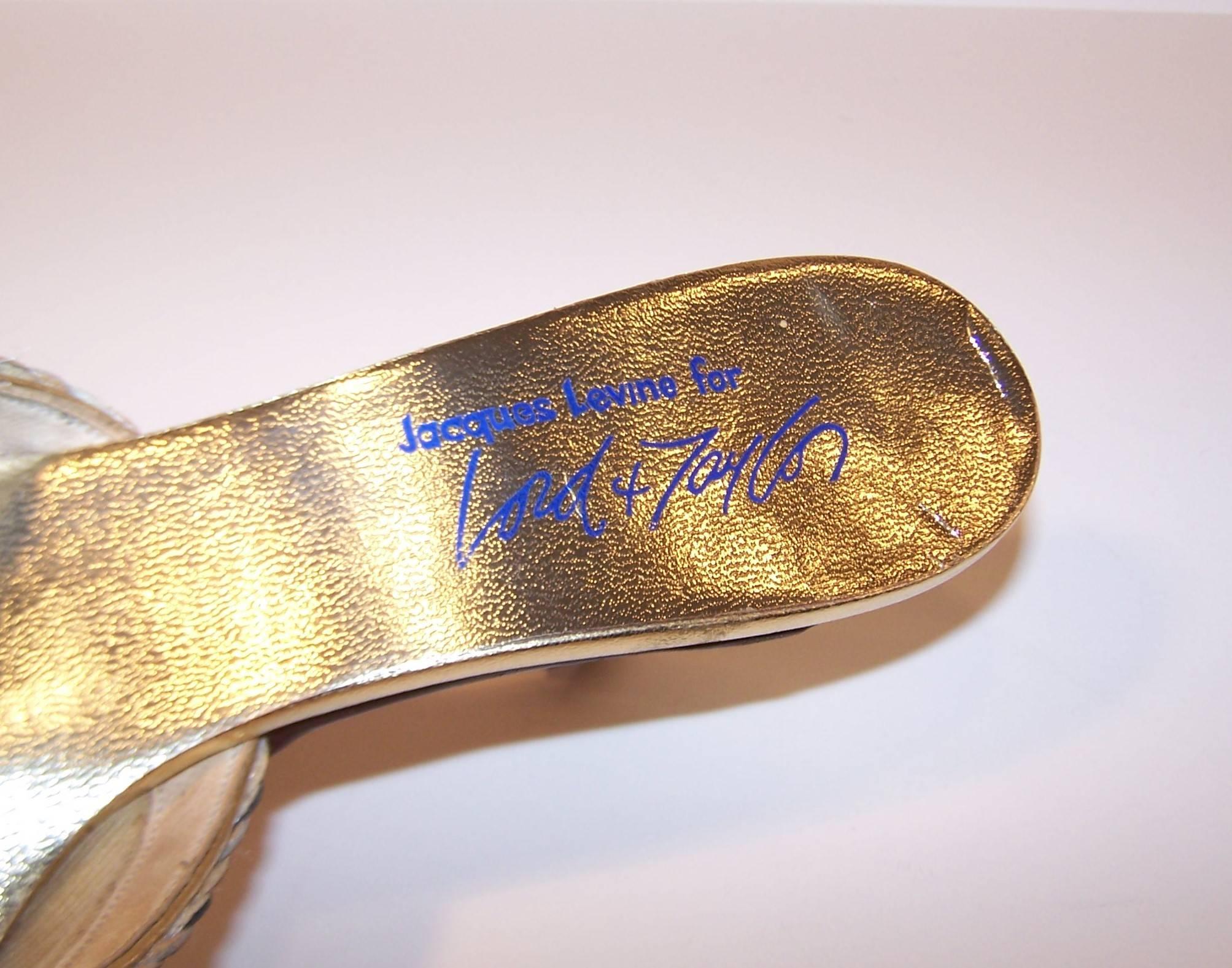 1970's Jacques Levine Gold Leather Evening Mules Sz 6.5 5