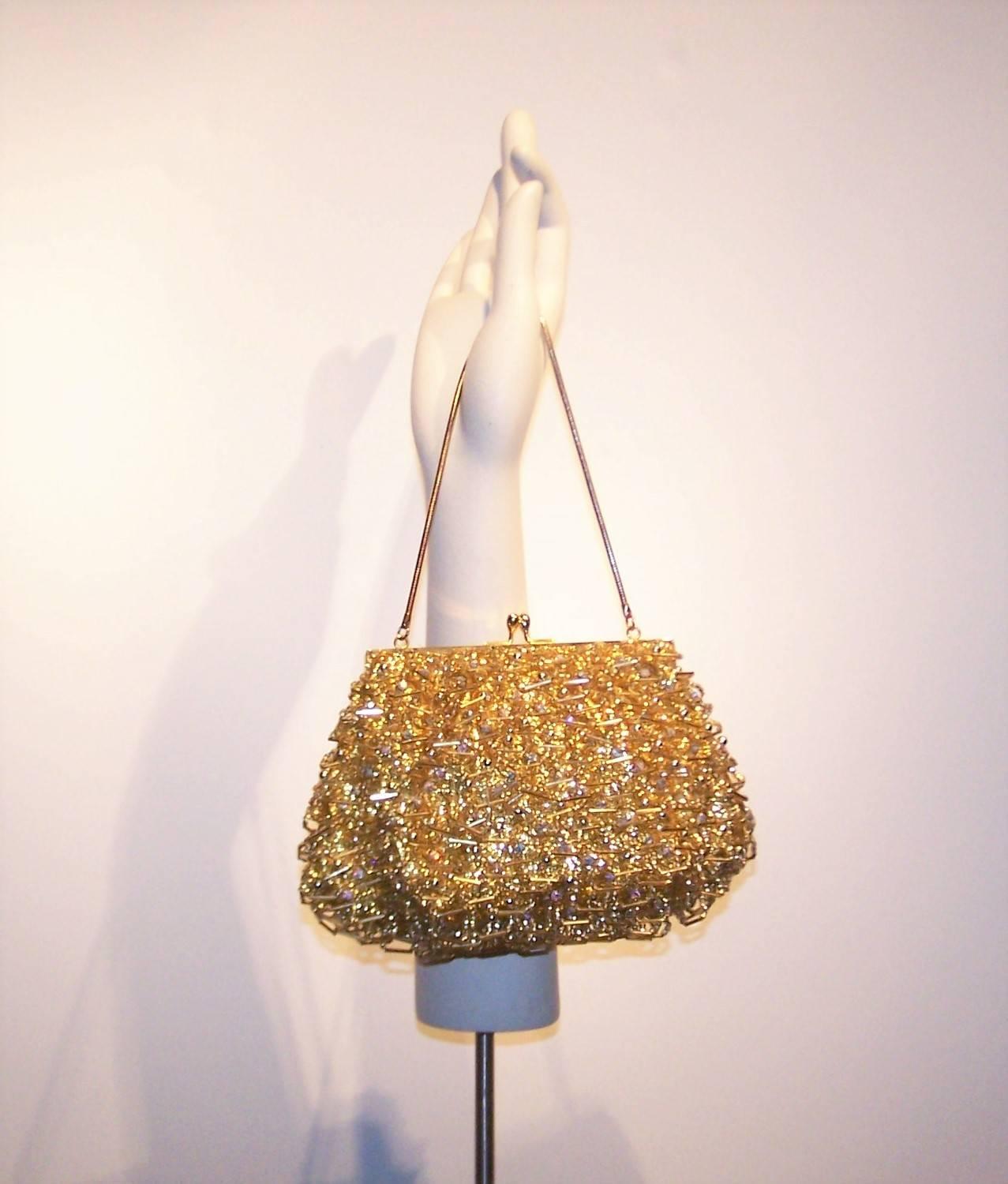 Brown 1960's Magid Gold Beaded & Rhinestone Embellished Evening Handbag