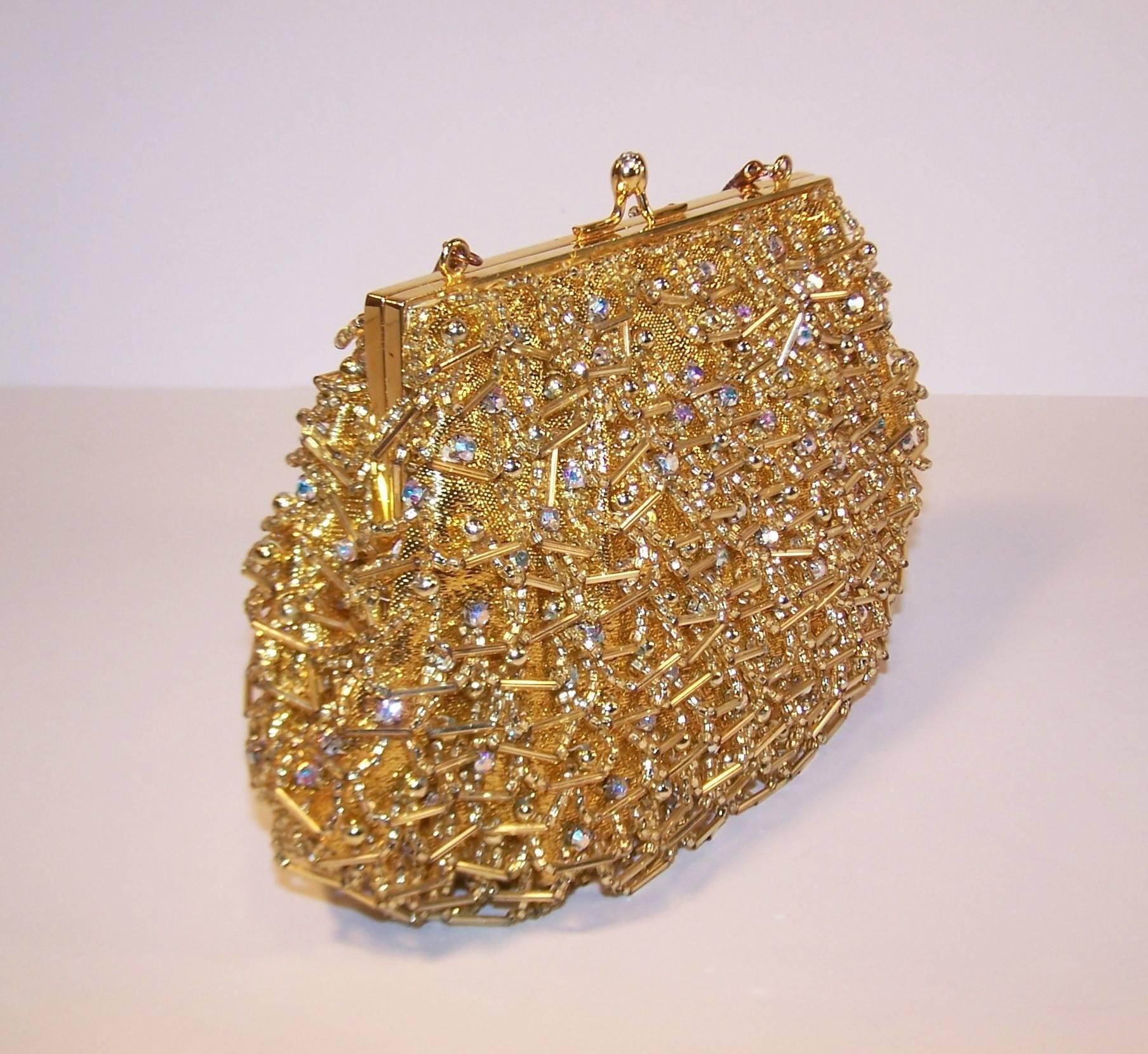 1960's Magid Gold Beaded & Rhinestone Embellished Evening Handbag In Excellent Condition In Atlanta, GA