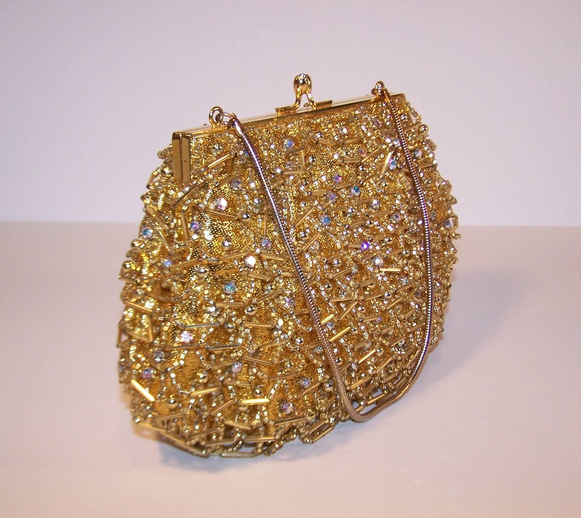 Women's 1960's Magid Gold Beaded & Rhinestone Embellished Evening Handbag