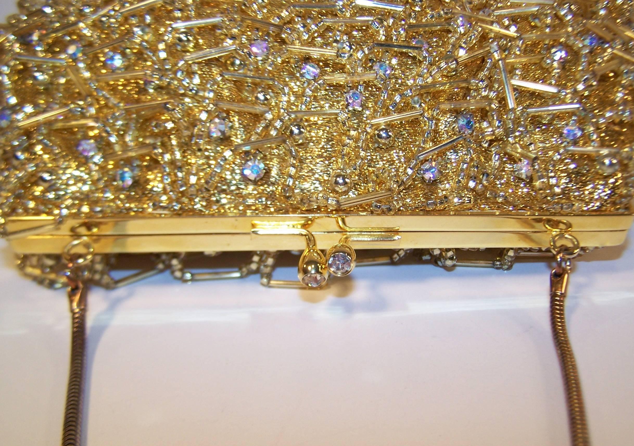 1960's Magid Gold Beaded & Rhinestone Embellished Evening Handbag 1