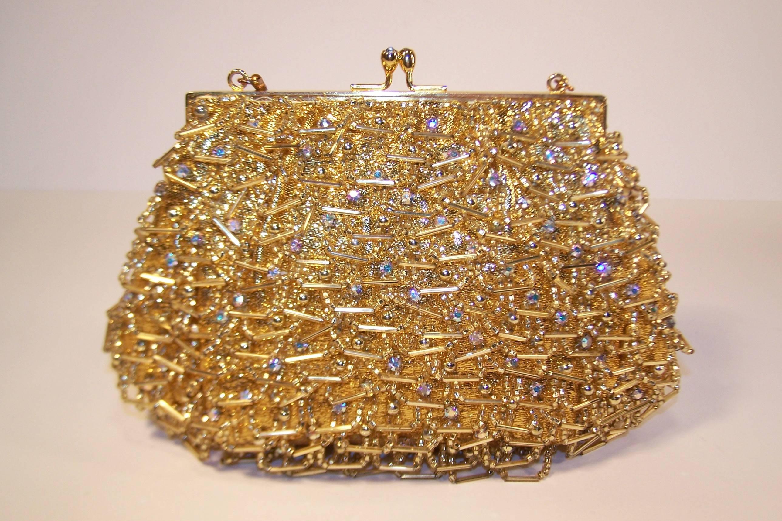 1960's Magid Gold Beaded & Rhinestone Embellished Evening Handbag 2