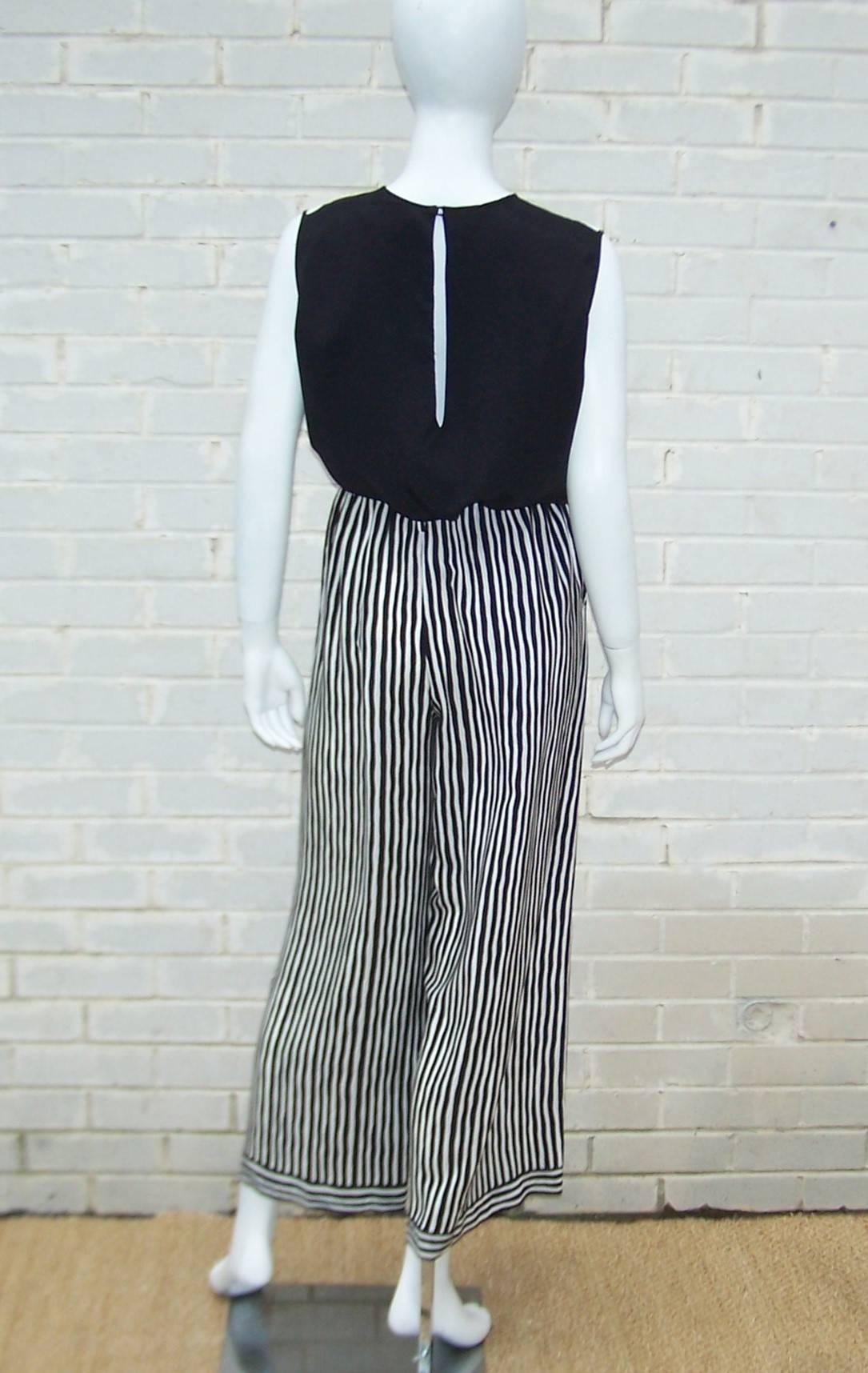 Noir Pajama Style 1970's Adolfo Silk Stripe Top With Pants Black & White en vente