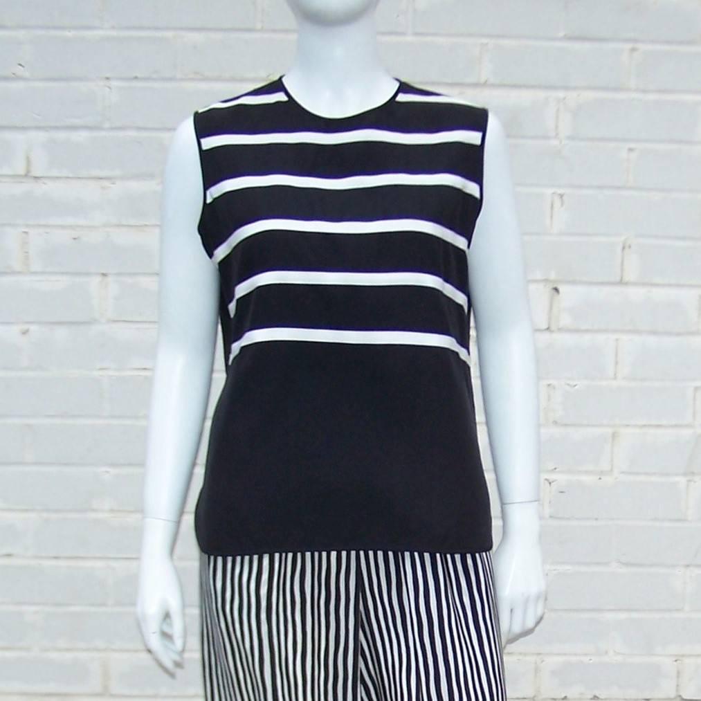 Pajama Style 1970's Adolfo Black & White Silk Stripe Top With Pants For Sale 2