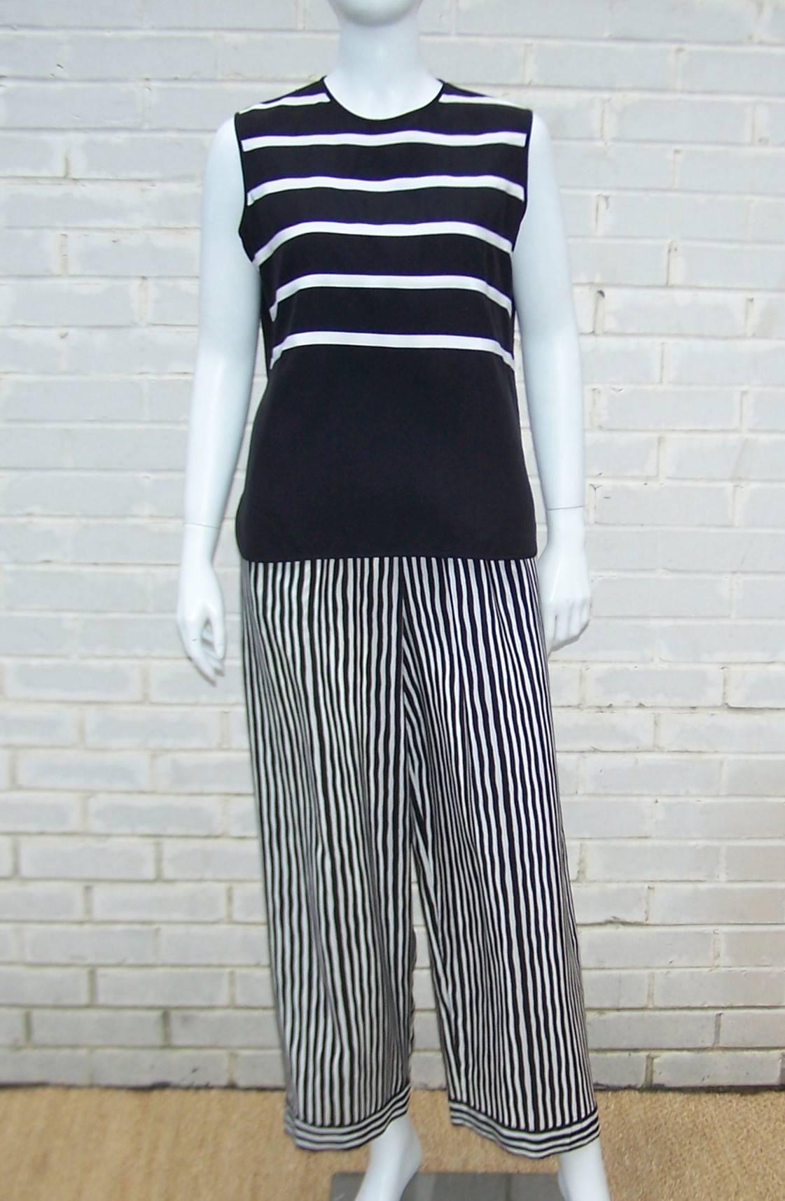 Pajama Style 1970's Adolfo Black & White Silk Stripe Top With Pants 1