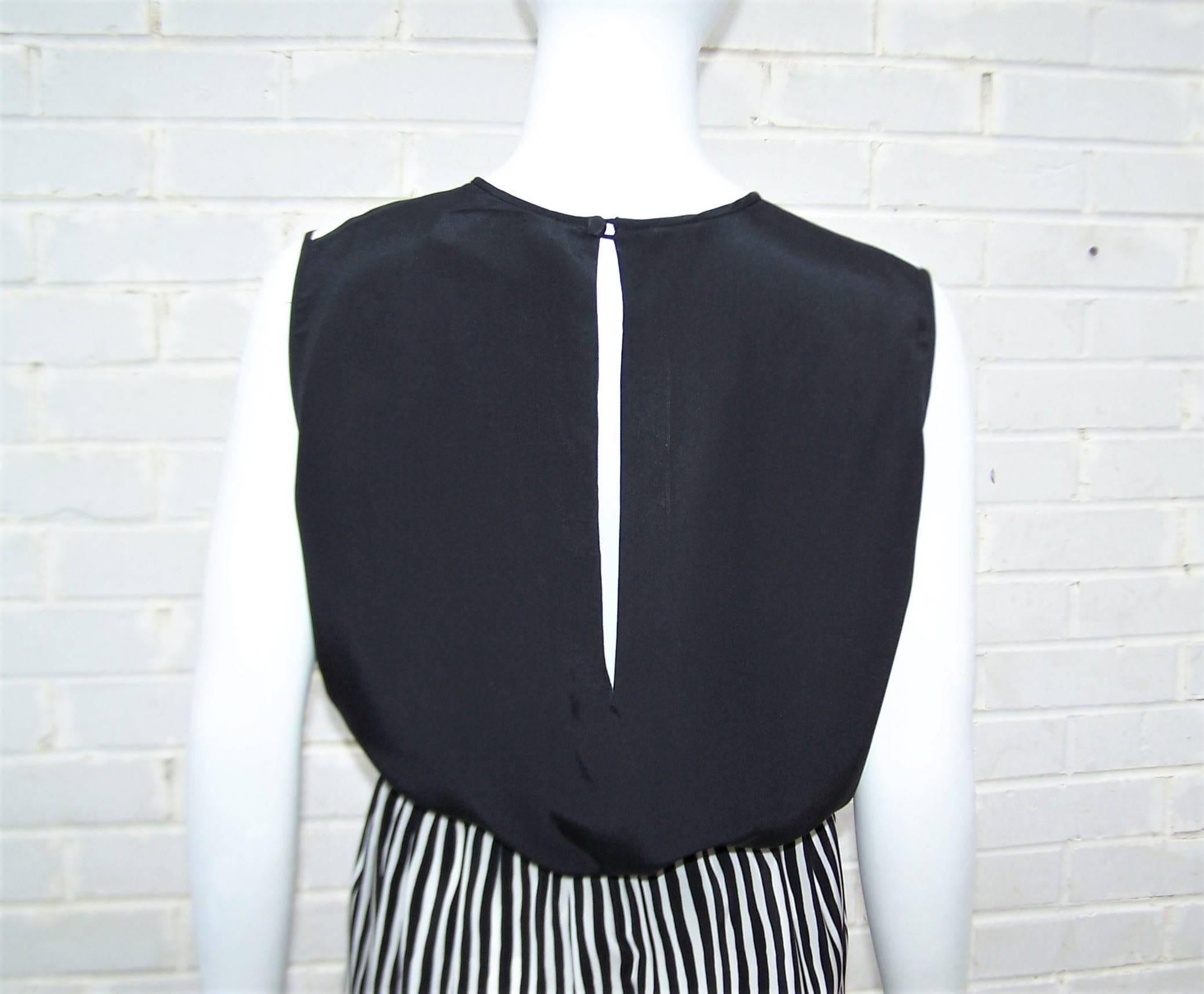 Women's Pajama Style 1970's Adolfo Black & White Silk Stripe Top With Pants
