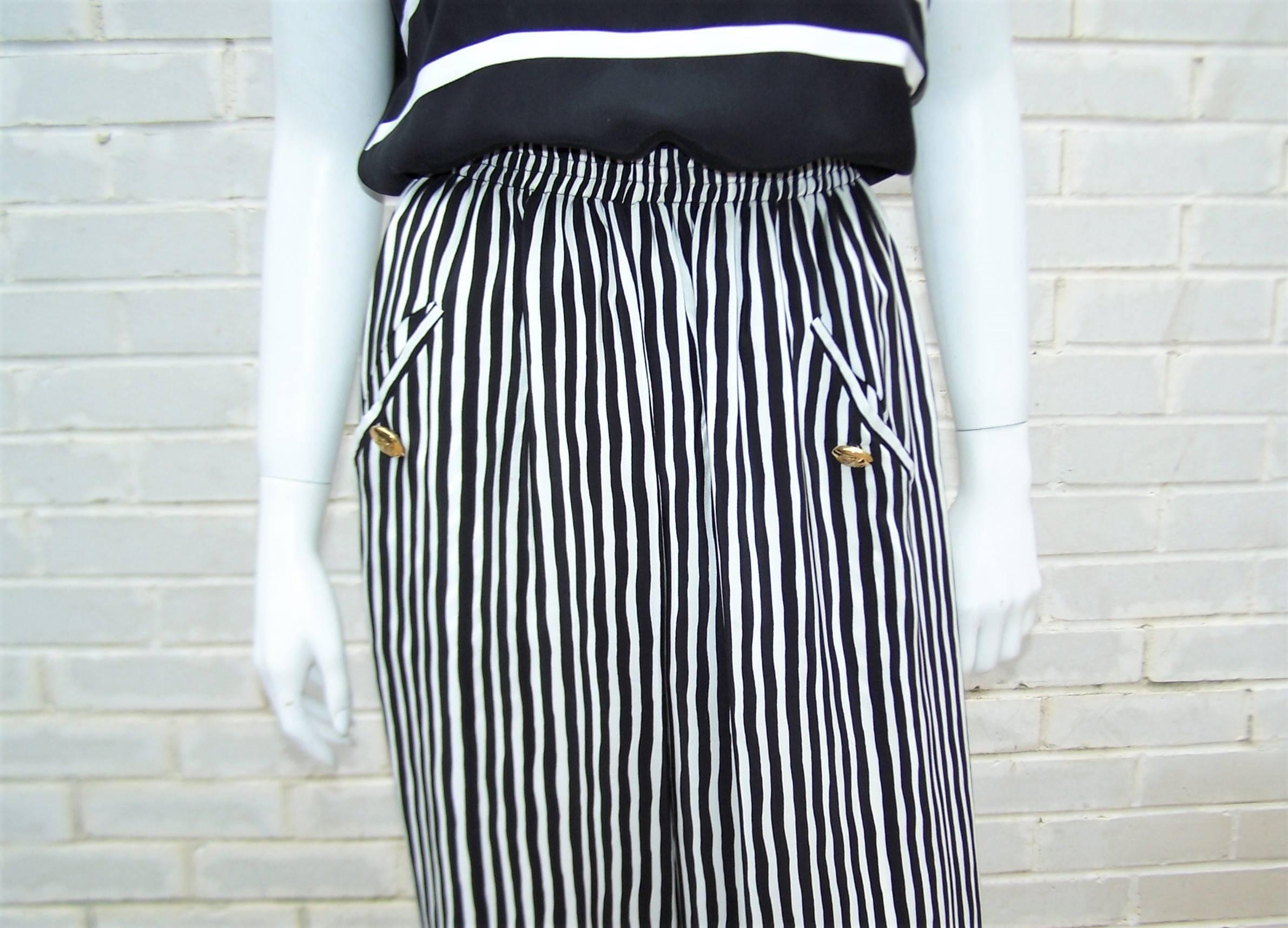 Pajama Style 1970's Adolfo Silk Stripe Top With Pants Black & White en vente 3