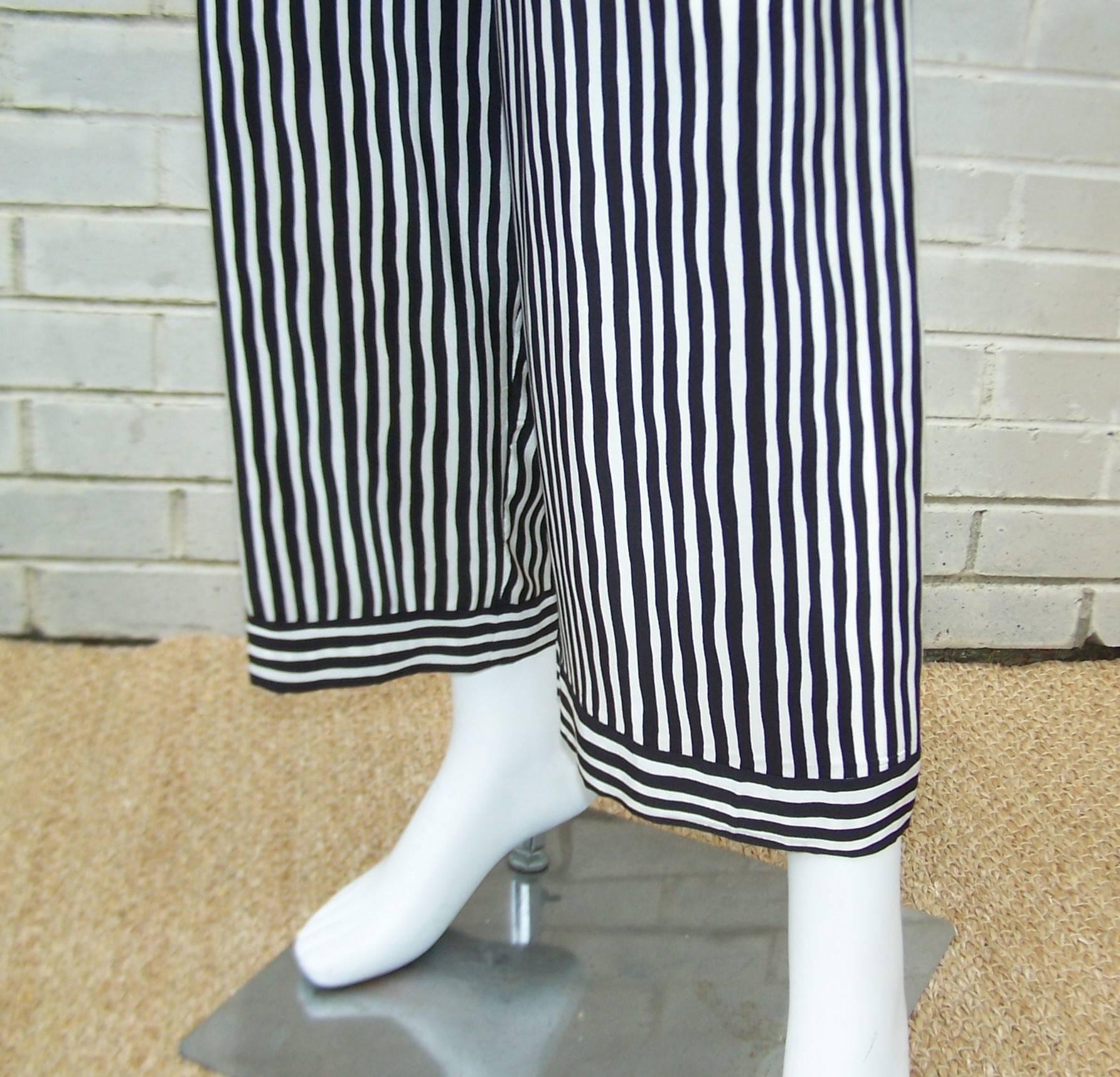 Pajama Style 1970's Adolfo Silk Stripe Top With Pants Black & White en vente 4