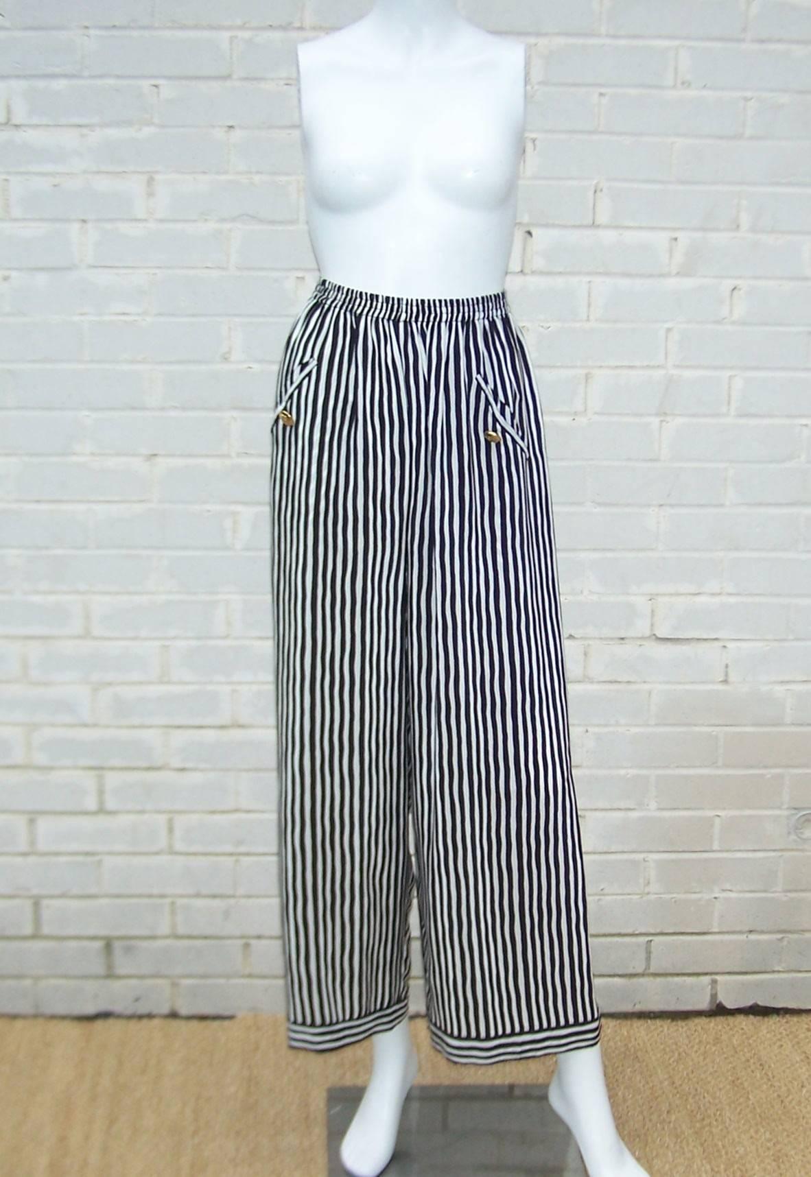 Pajama Style 1970's Adolfo Silk Stripe Top With Pants Black & White en vente 2