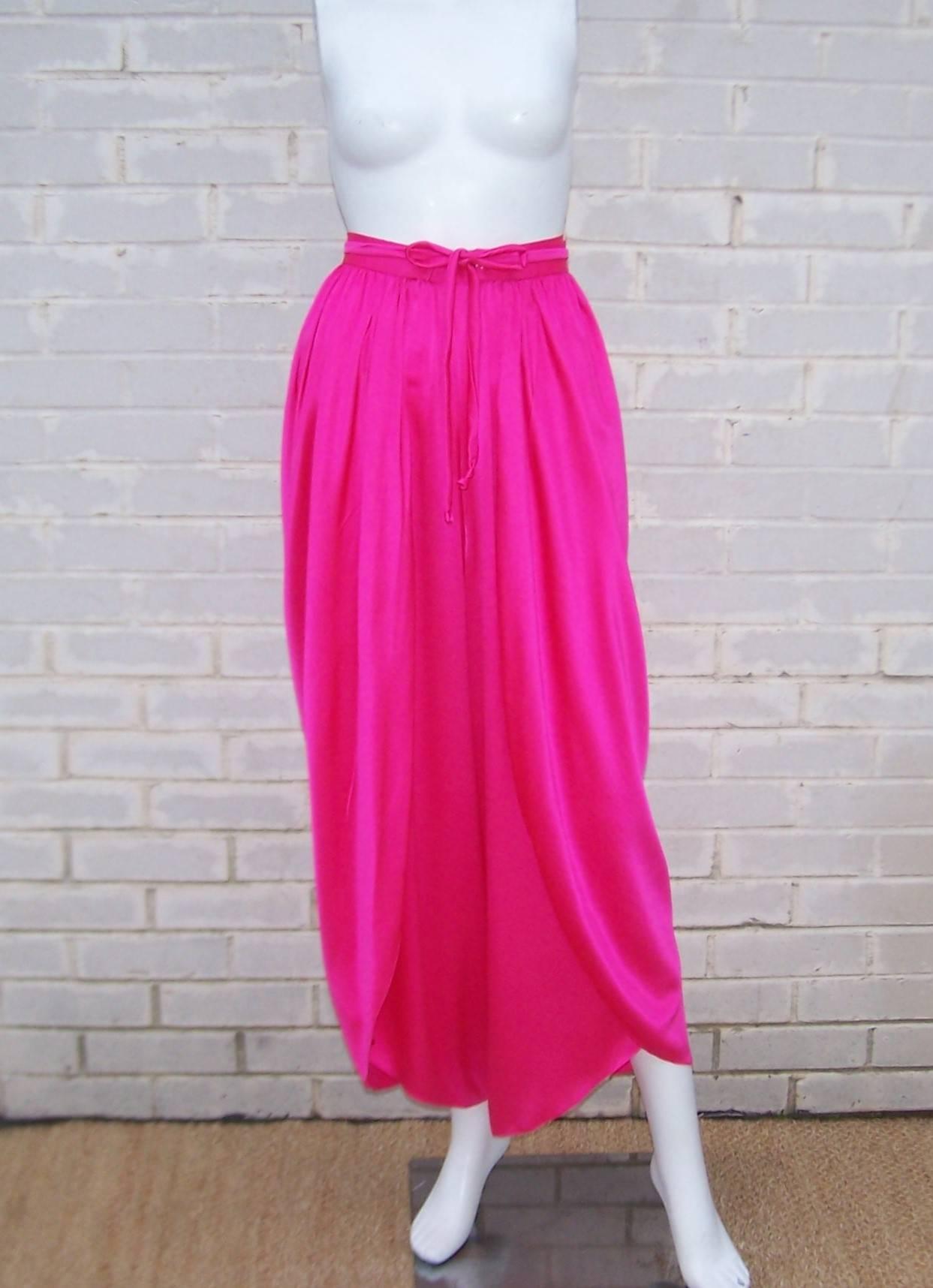 You could say these are 'haute' pink AND hot pink!  These silk charmeuse harem style pants are a fun way to spice up your summer wardrobe.  They are basically constructed like a diaper with two waistbands...one wraps to the back and the second wraps