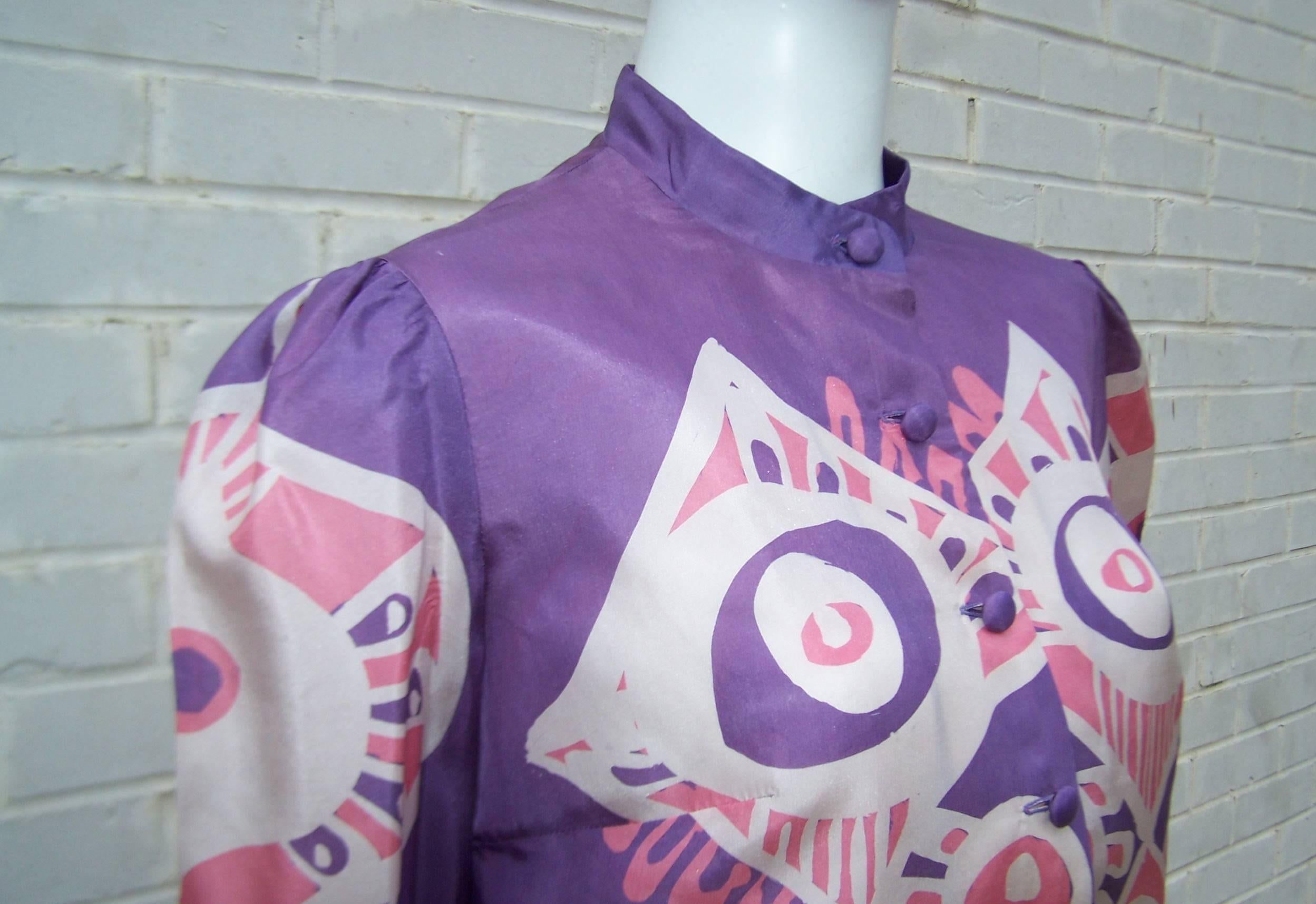 Women's Mod C.1970 Hand Printed Purple & Pink Silk Blouse