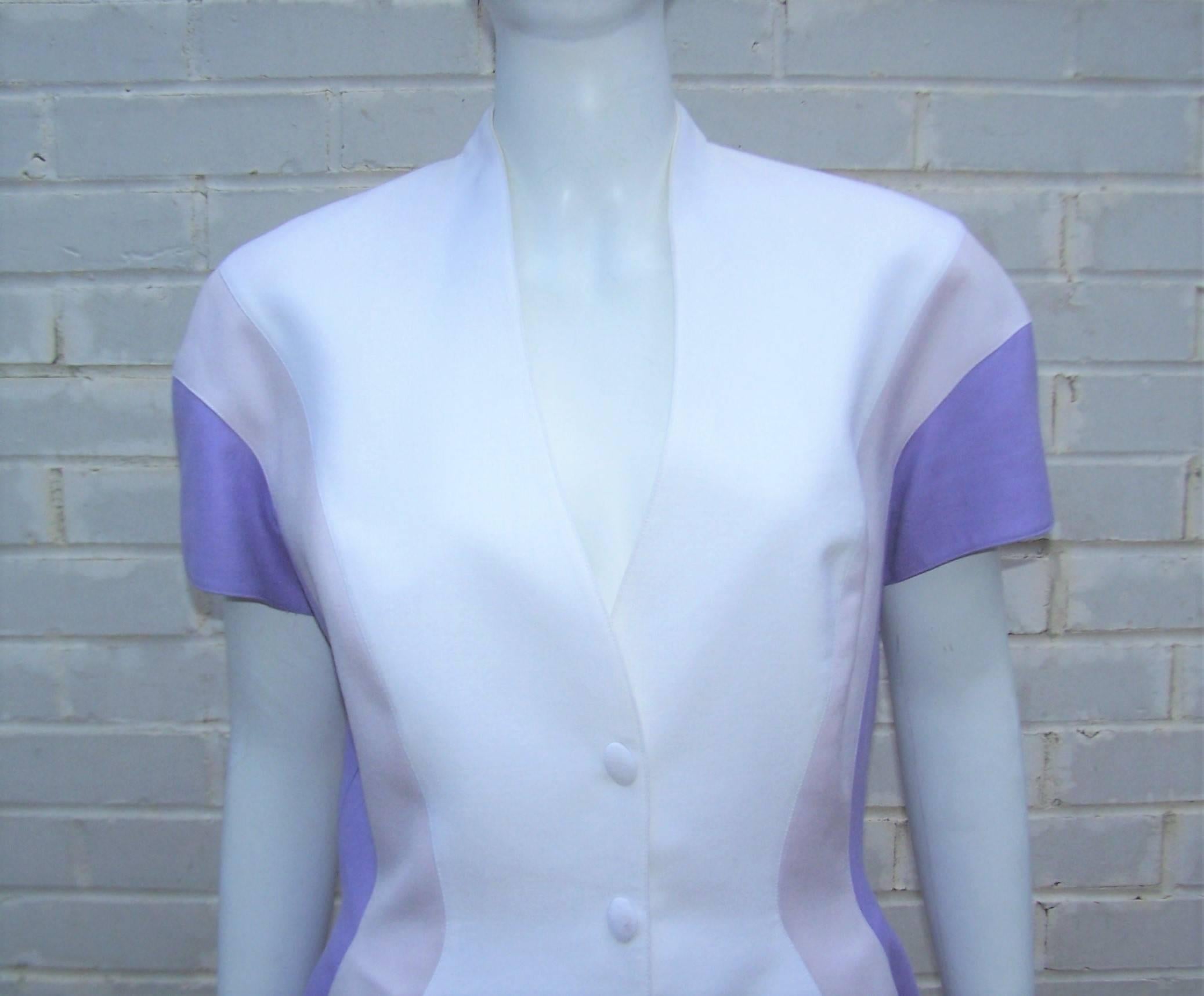 Futuristic 1980's Thierry Mugler White & Purple Linen Pant Suit In Excellent Condition In Atlanta, GA