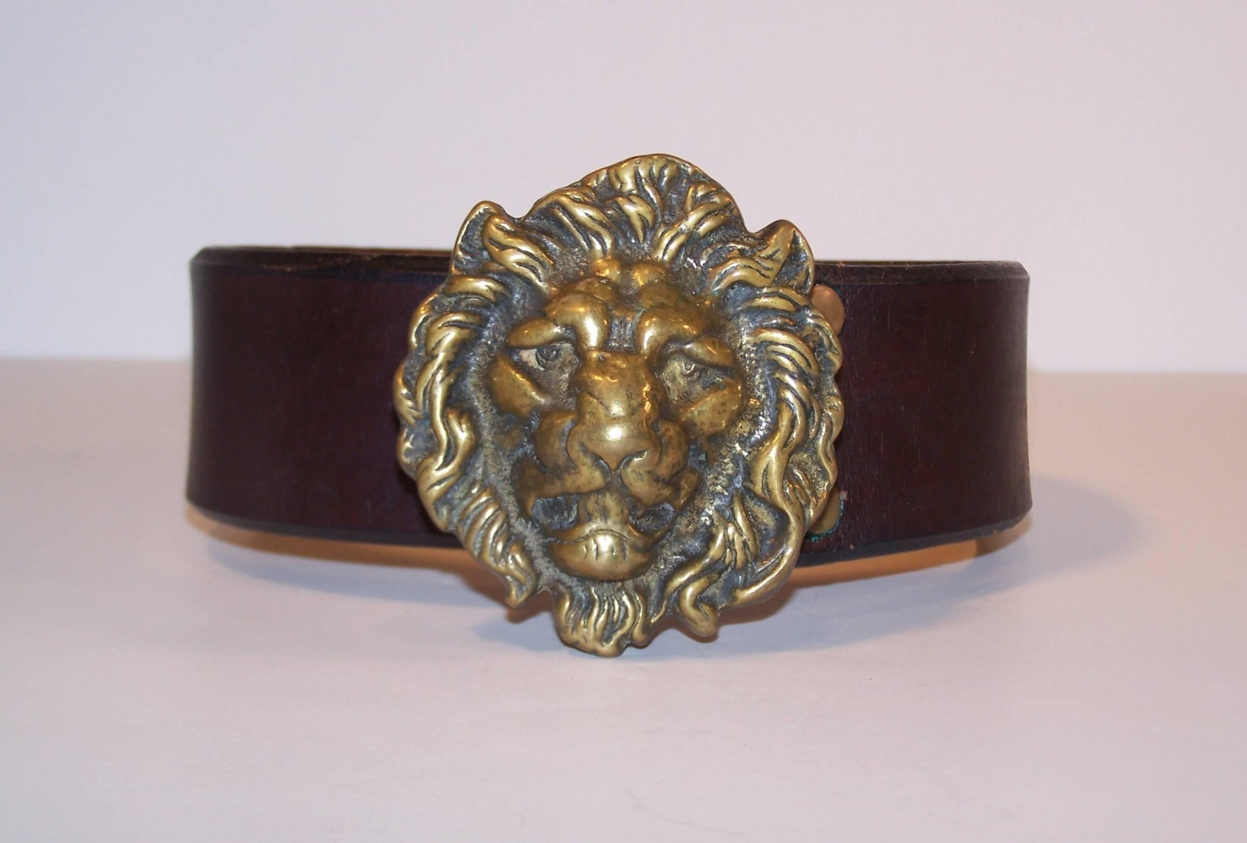 Black C.1970 Brass Lion & Brown Leather Belt Made in England for Lord & Taylor