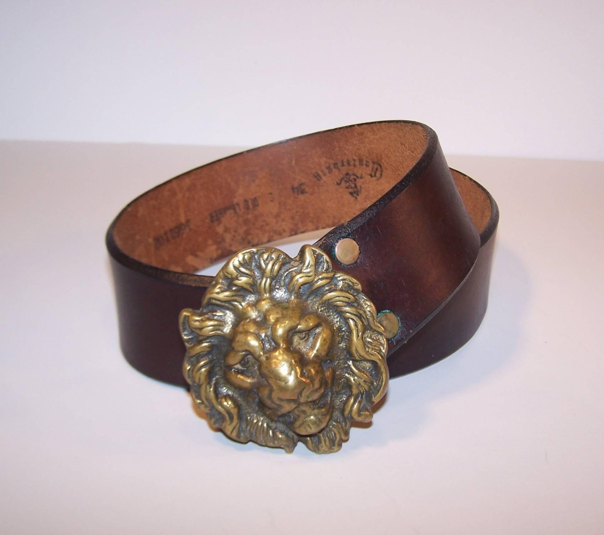 C.1970 Brass Lion & Brown Leather Belt Made in England for Lord & Taylor In Excellent Condition In Atlanta, GA
