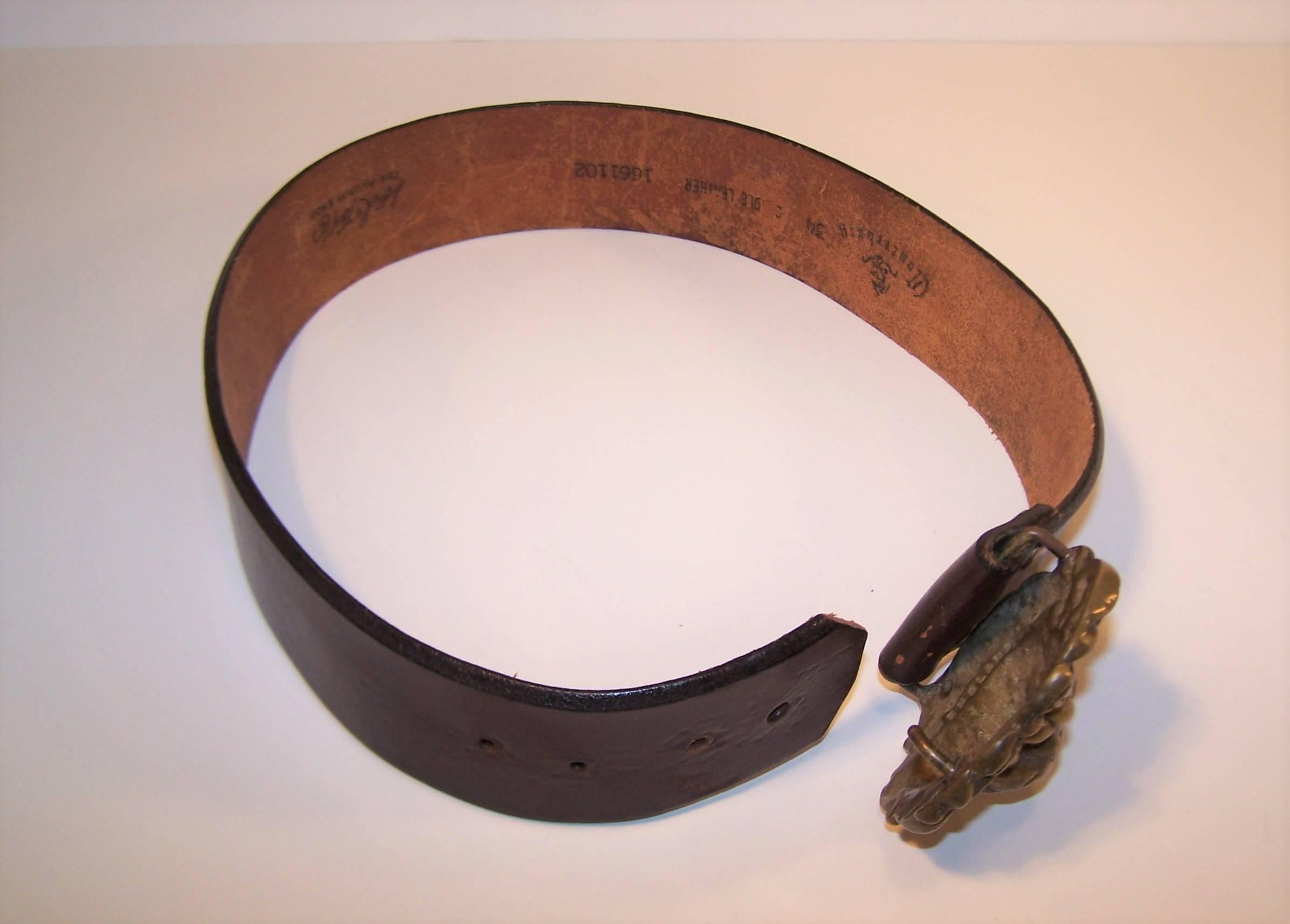 Women's or Men's C.1970 Brass Lion & Brown Leather Belt Made in England for Lord & Taylor