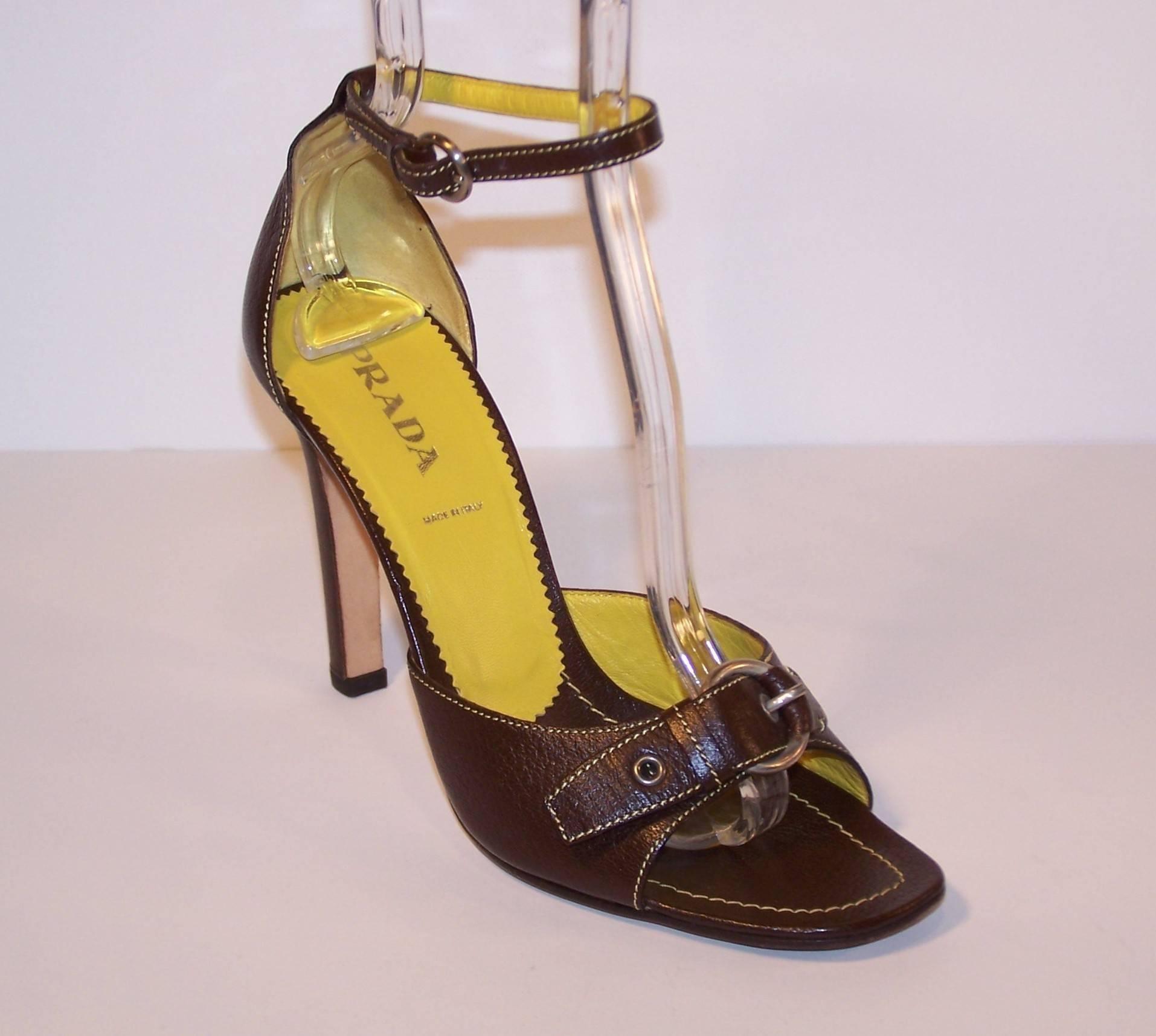 Women's Prada Brown Leather Sandals With Ankle Straps & Buckles Sz 38