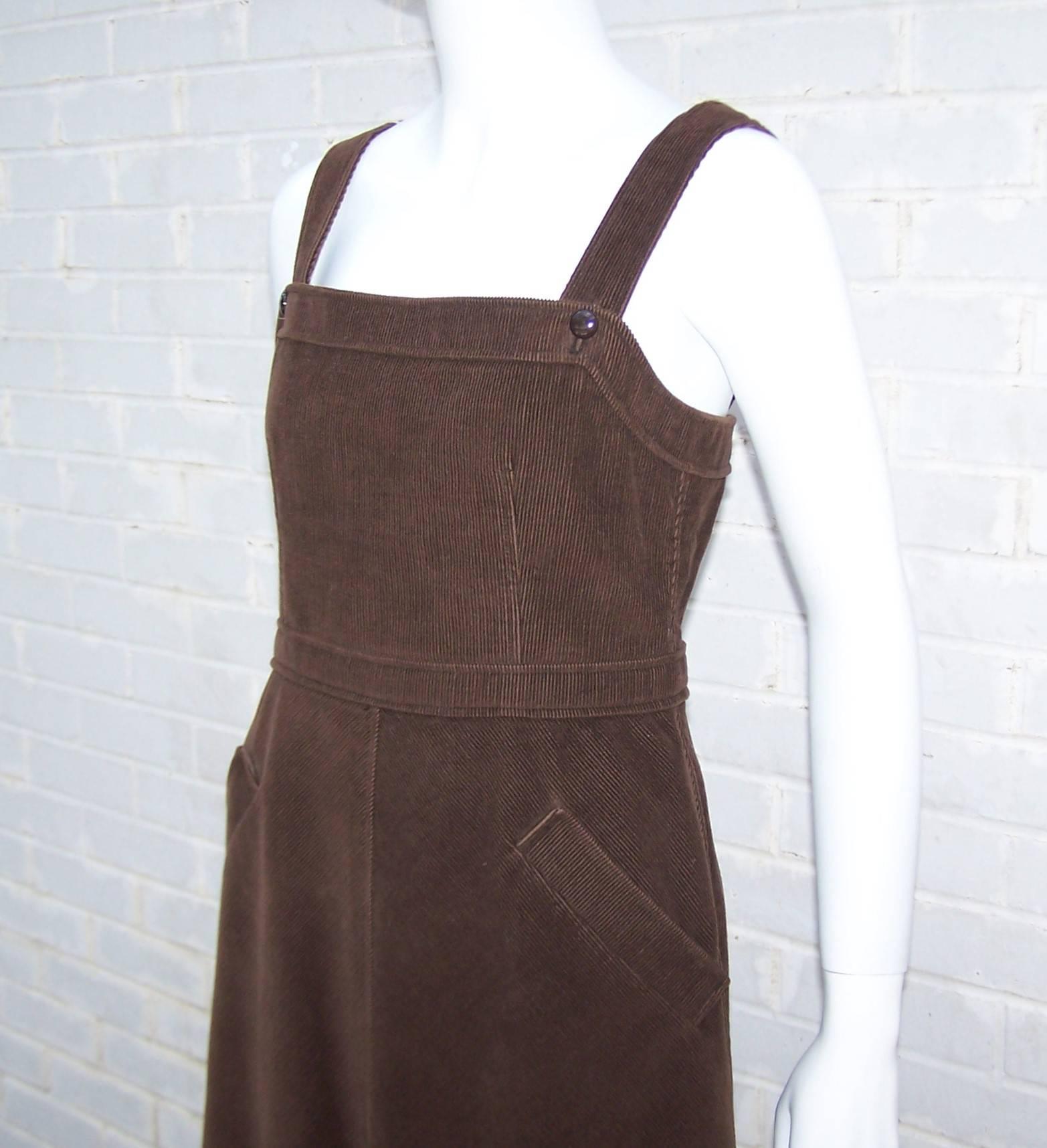 Black Adorable 1960's Courreges Brown Corduroy Jumper Dress