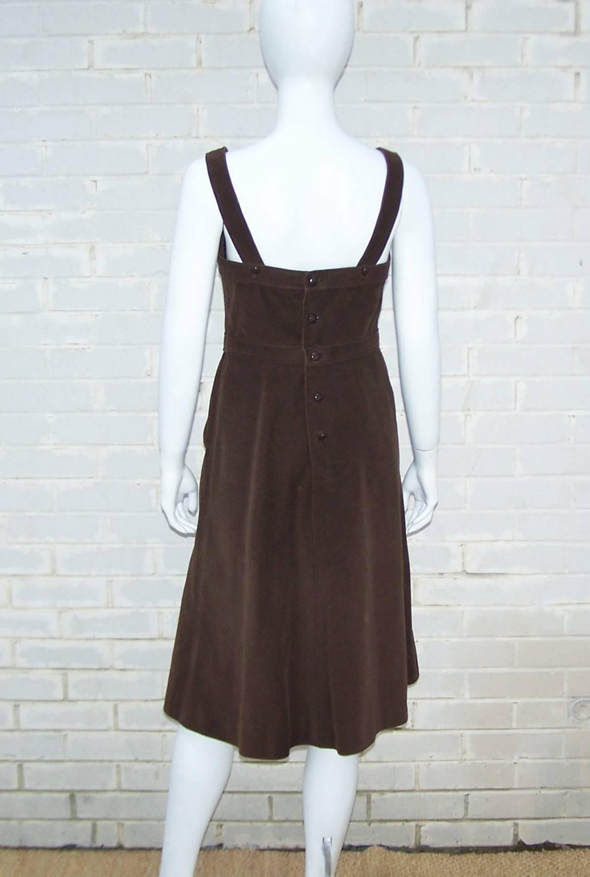 Women's Adorable 1960's Courreges Brown Corduroy Jumper Dress