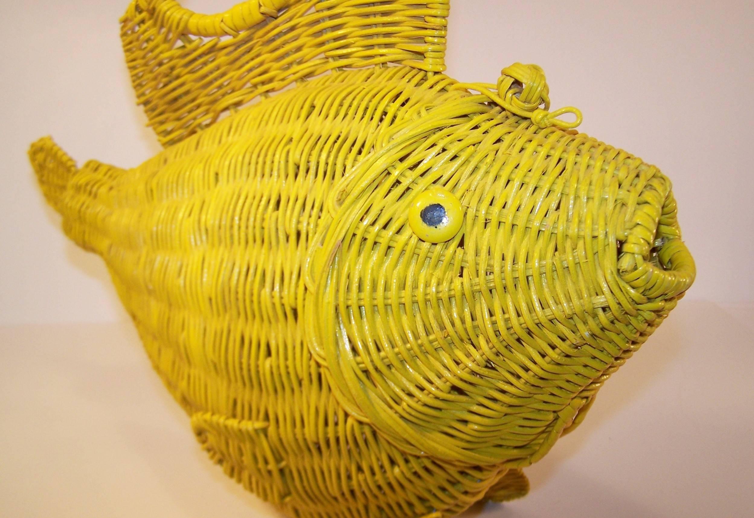 Whimsical 1950's Large Yellow Wicker Fish Novelty Handbag 1
